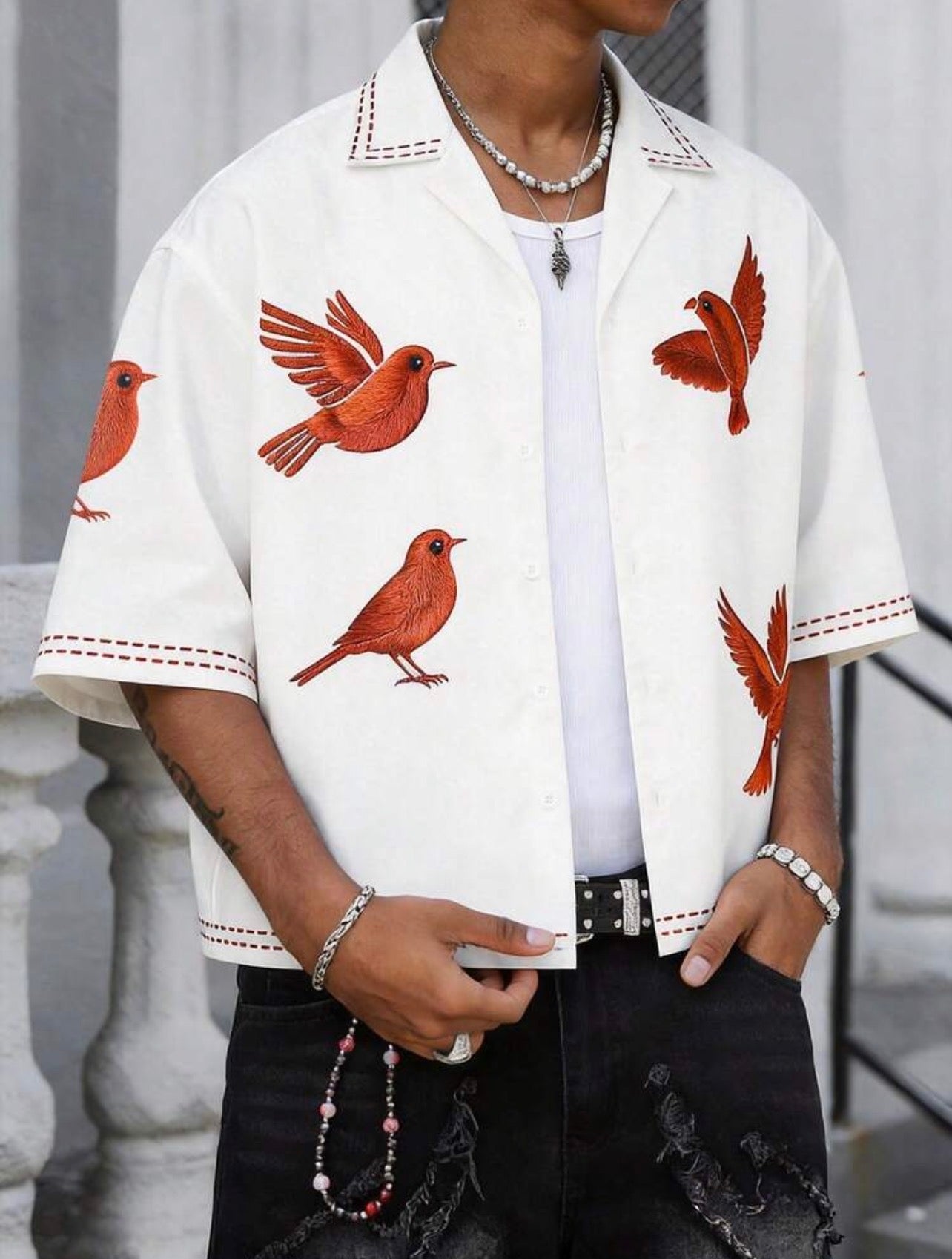 Men’s Bird Print Cuban Collar Short Sleeve Oversized Shirt – Casual Summer Beach Top