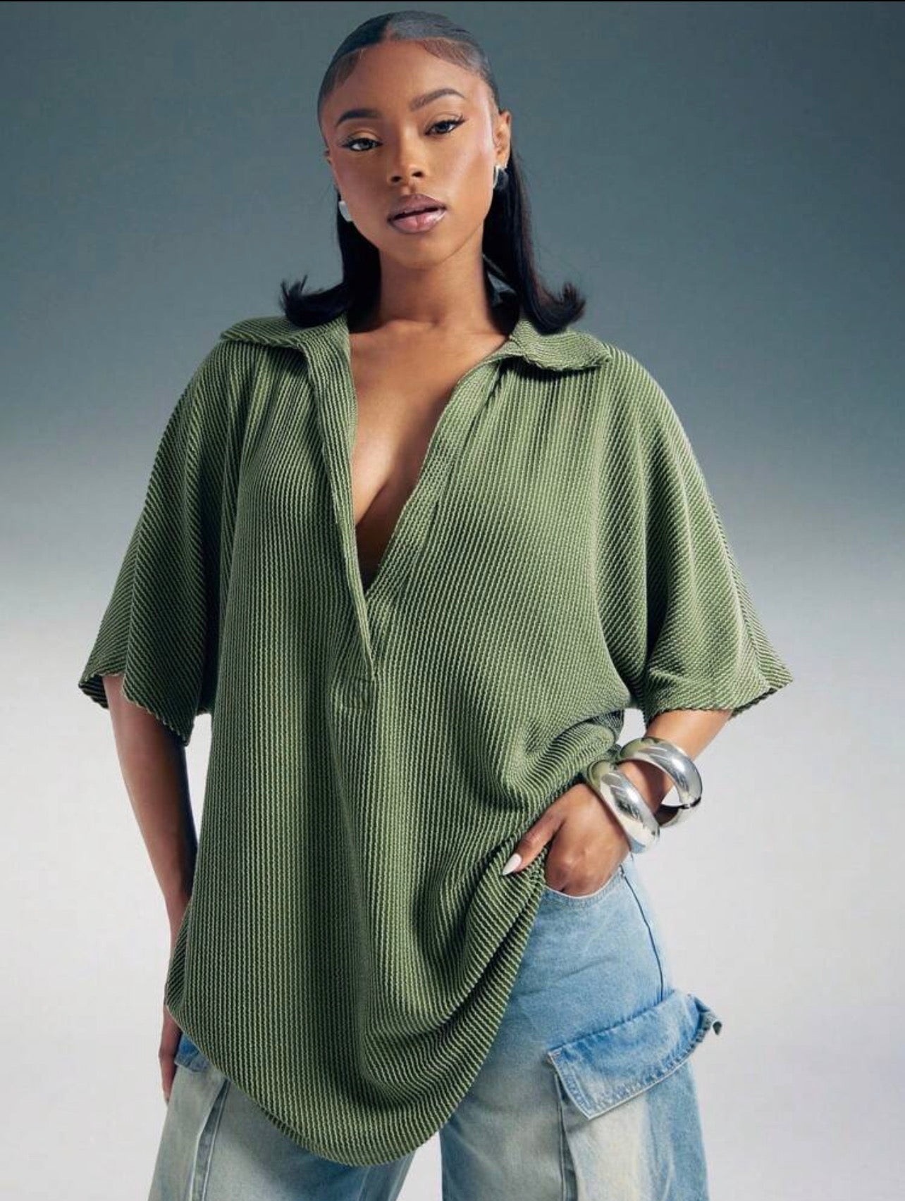 Women’s Plunge Neck Collared Oversized Short Sleeve Top – Casual Fashion Wear