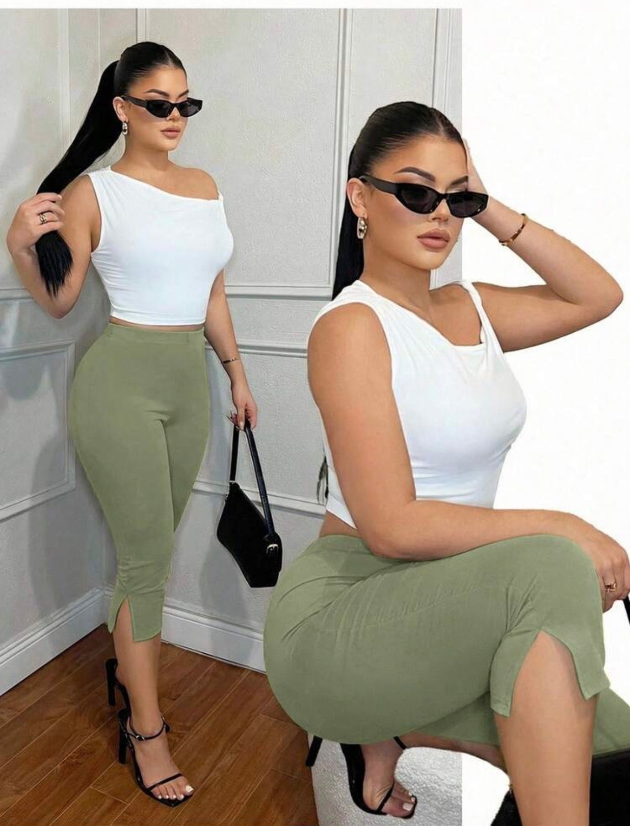 Women’s High Waist Skinny Split Hem Cropped Leggings – Casual Versatile Capris