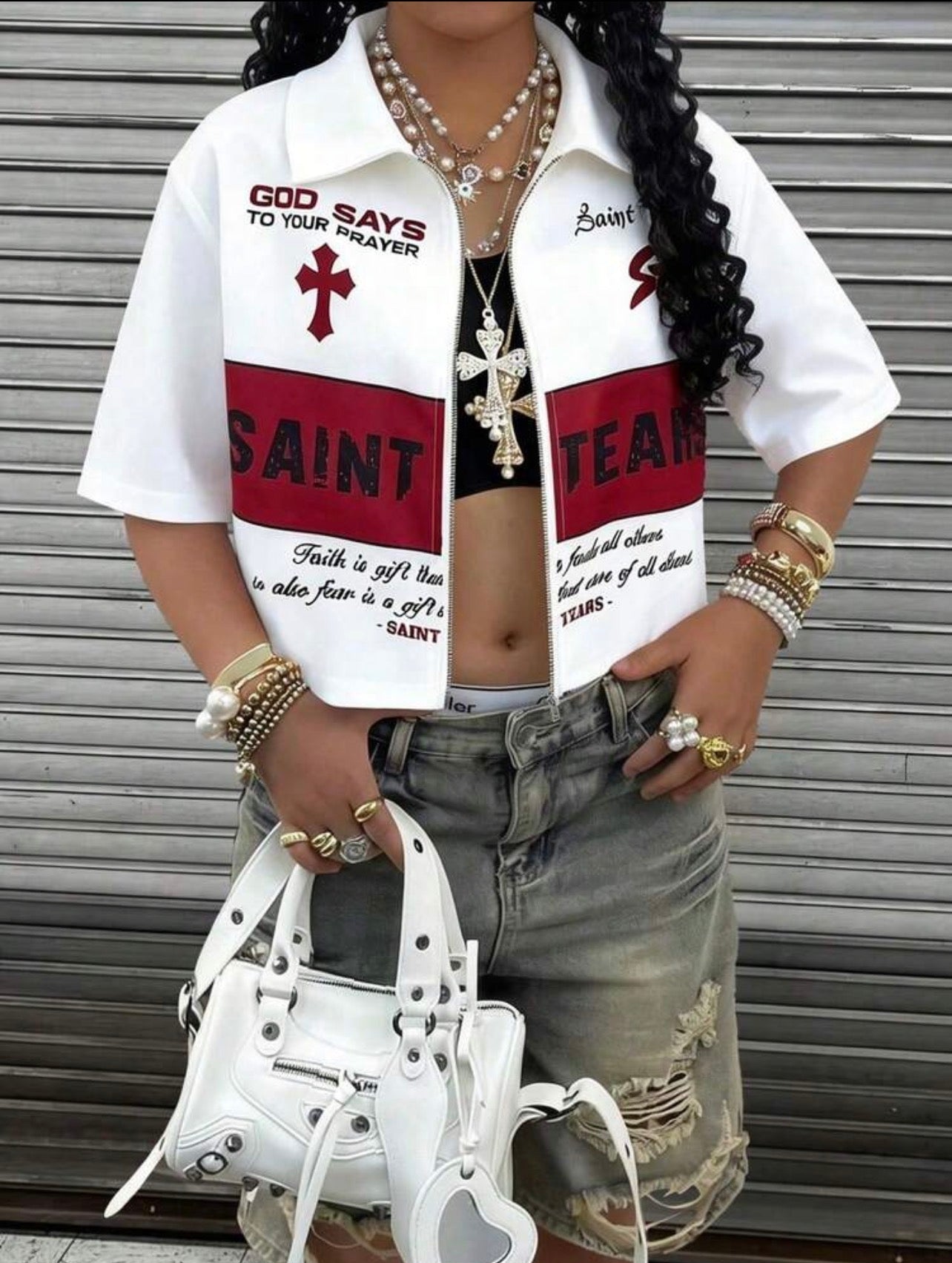 Women’s Collared Zipper Cross Logo Print Short Sleeve Casual Top