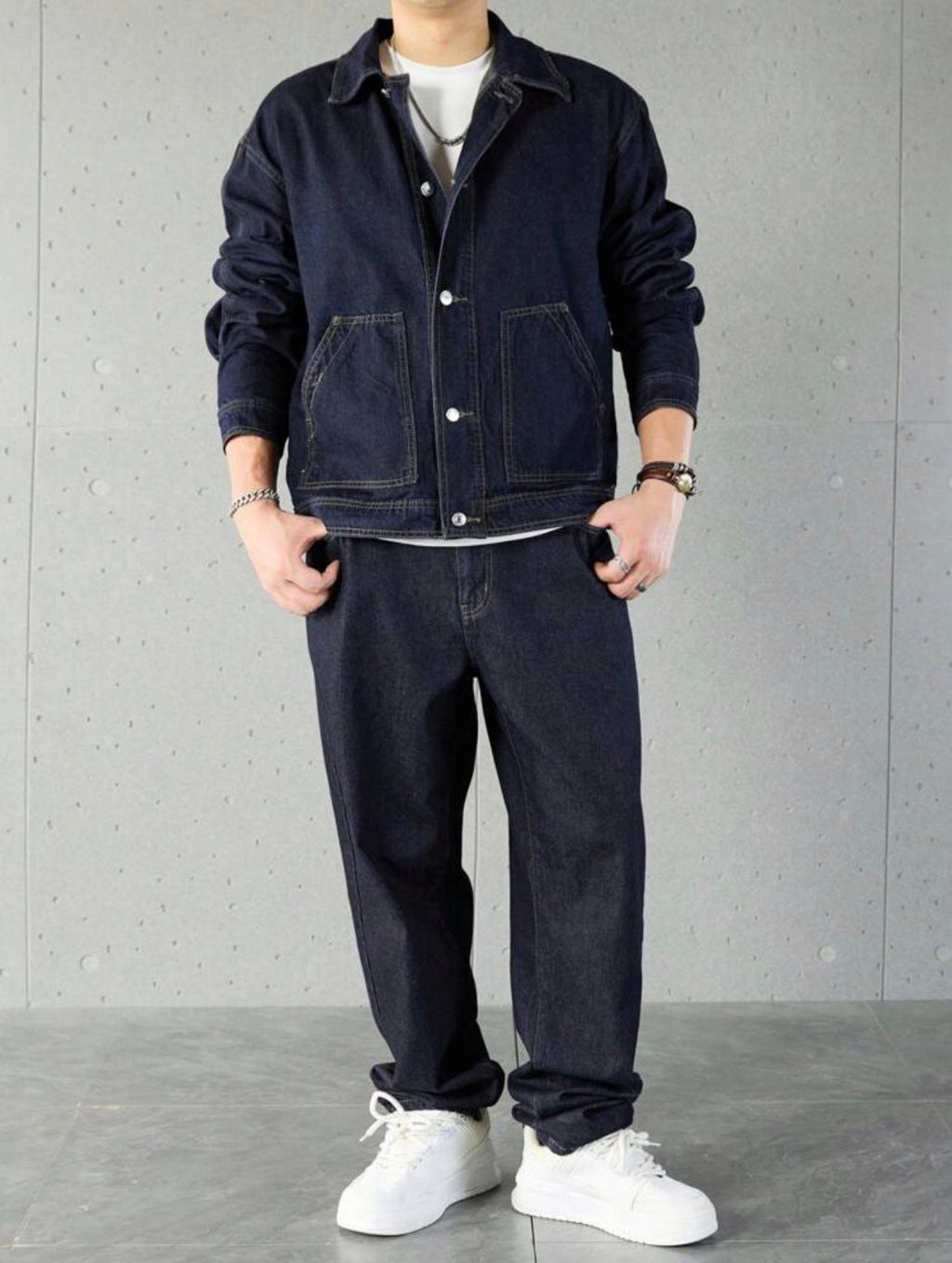 Men’s Solid Color Denim Two-Piece Set – Long Sleeve Top & Pants Casual Outfit