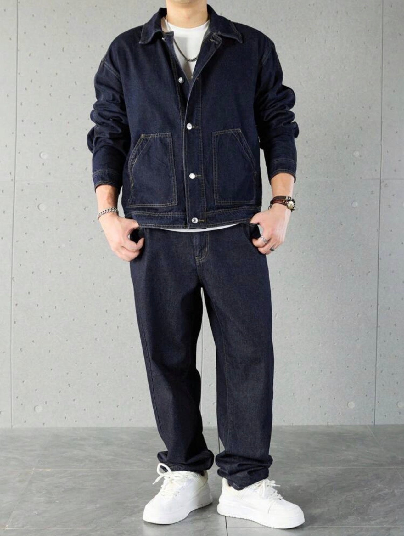 Men’s Solid Color Denim Two-Piece Set – Long Sleeve Top & Pants Casual Outfit