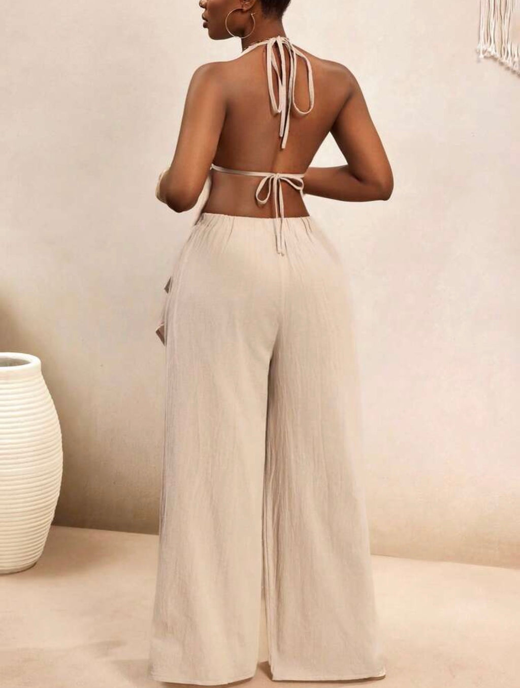 Women’s Bohemian Halter Backless Flowy Top & Wide Leg Pants Casual Vacation Set