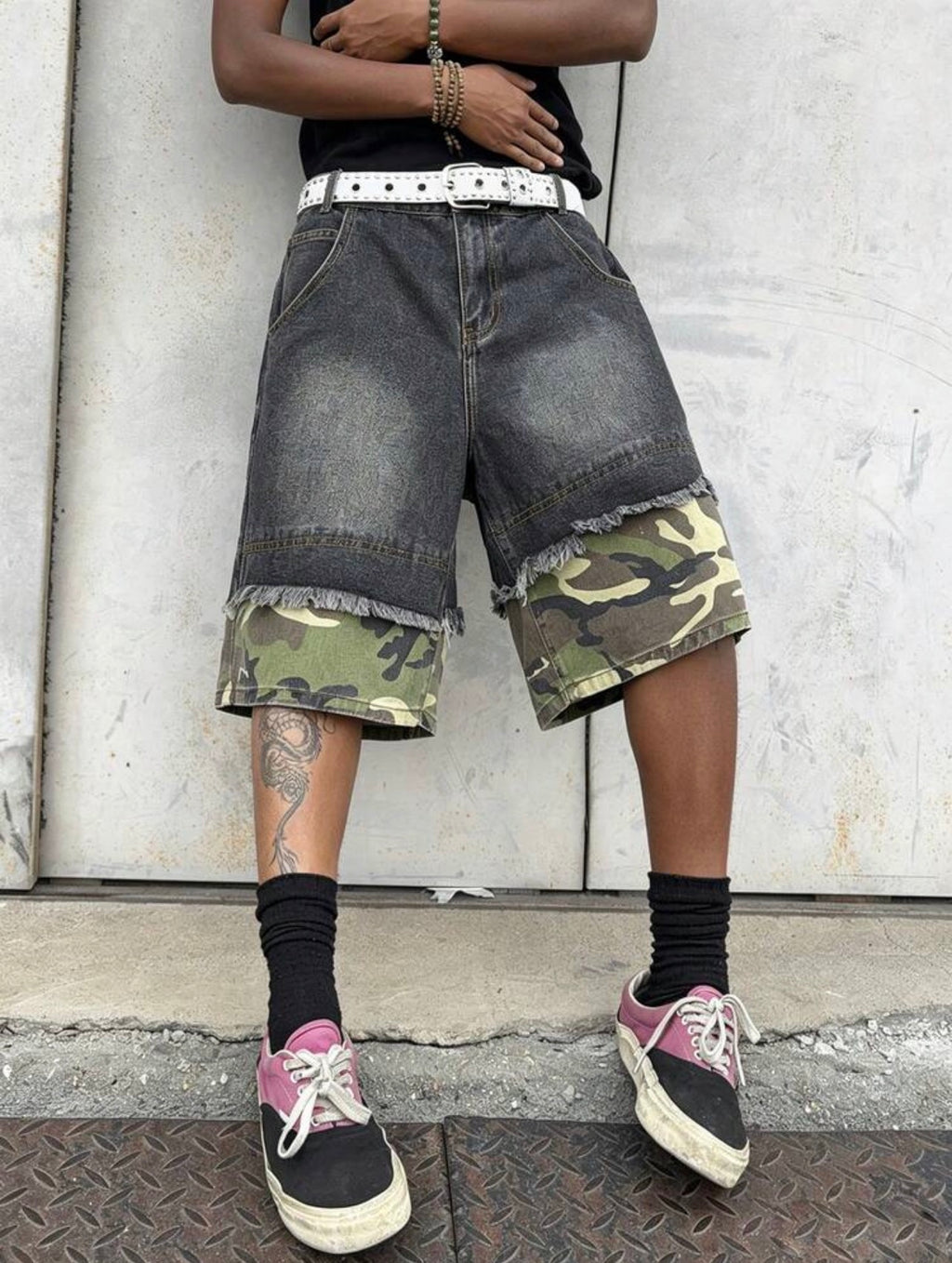 Men’s Distressed Waist Belt Wide Leg Denim Shorts – Casual Streetwear Bottoms