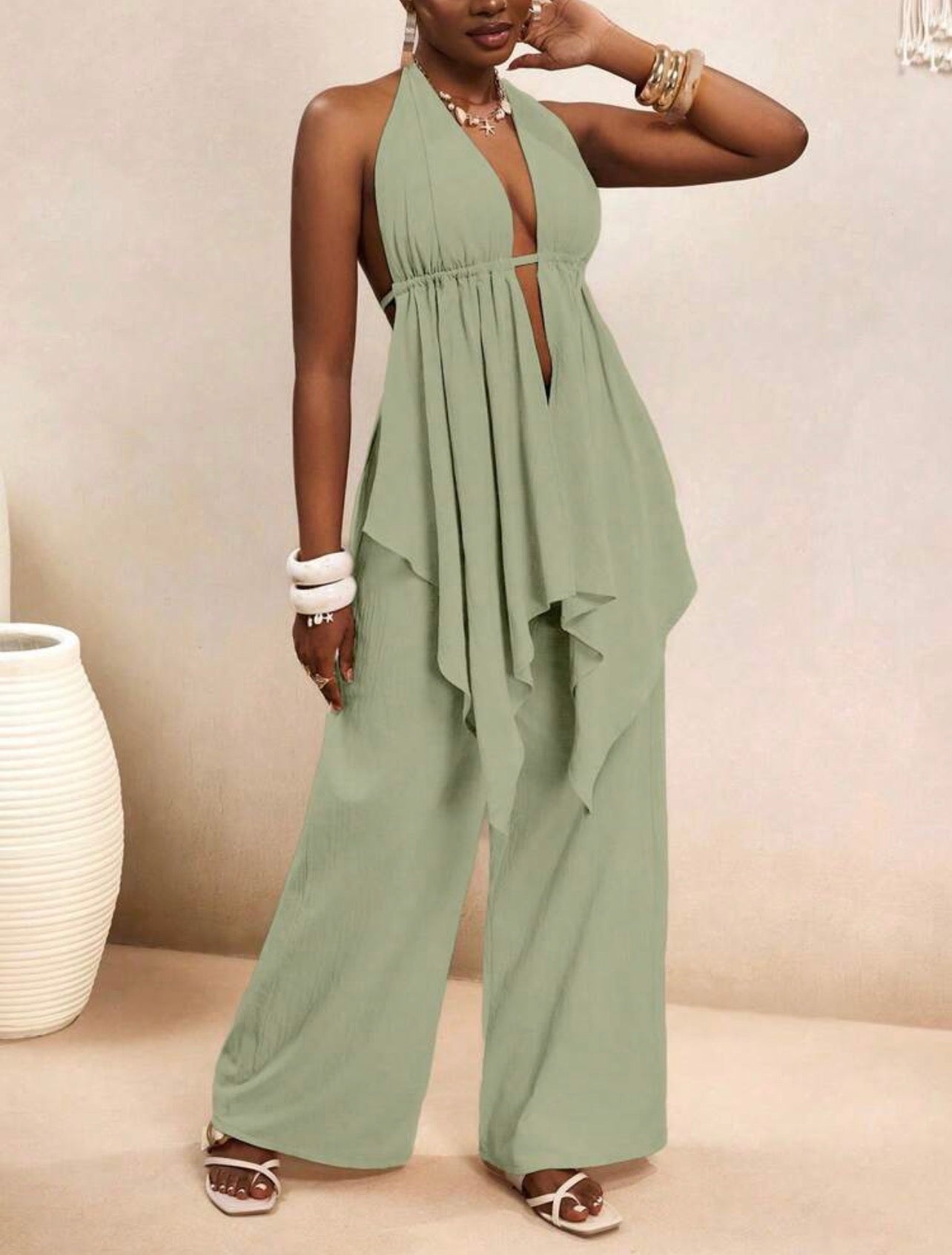 Women’s Bohemian Halter Backless Flowy Top & Wide Leg Pants Casual Vacation Set