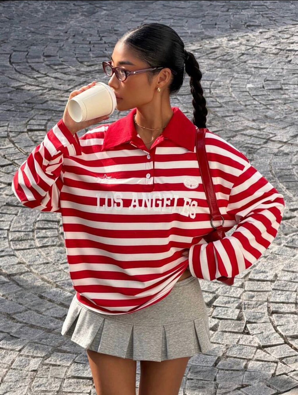 Women’s Red Striped Letter Print Long Sleeve T-Shirt – Casual Streetwear Top
