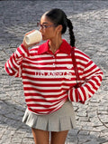 Women’s Red Striped Letter Print Long Sleeve T-Shirt – Casual Streetwear Top