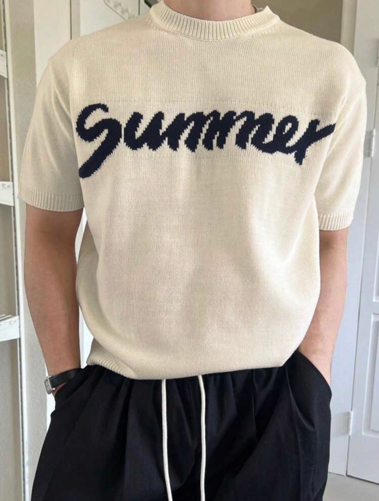 Men’s Letter Jacquard Knit Top – Versatile Casual Pullover