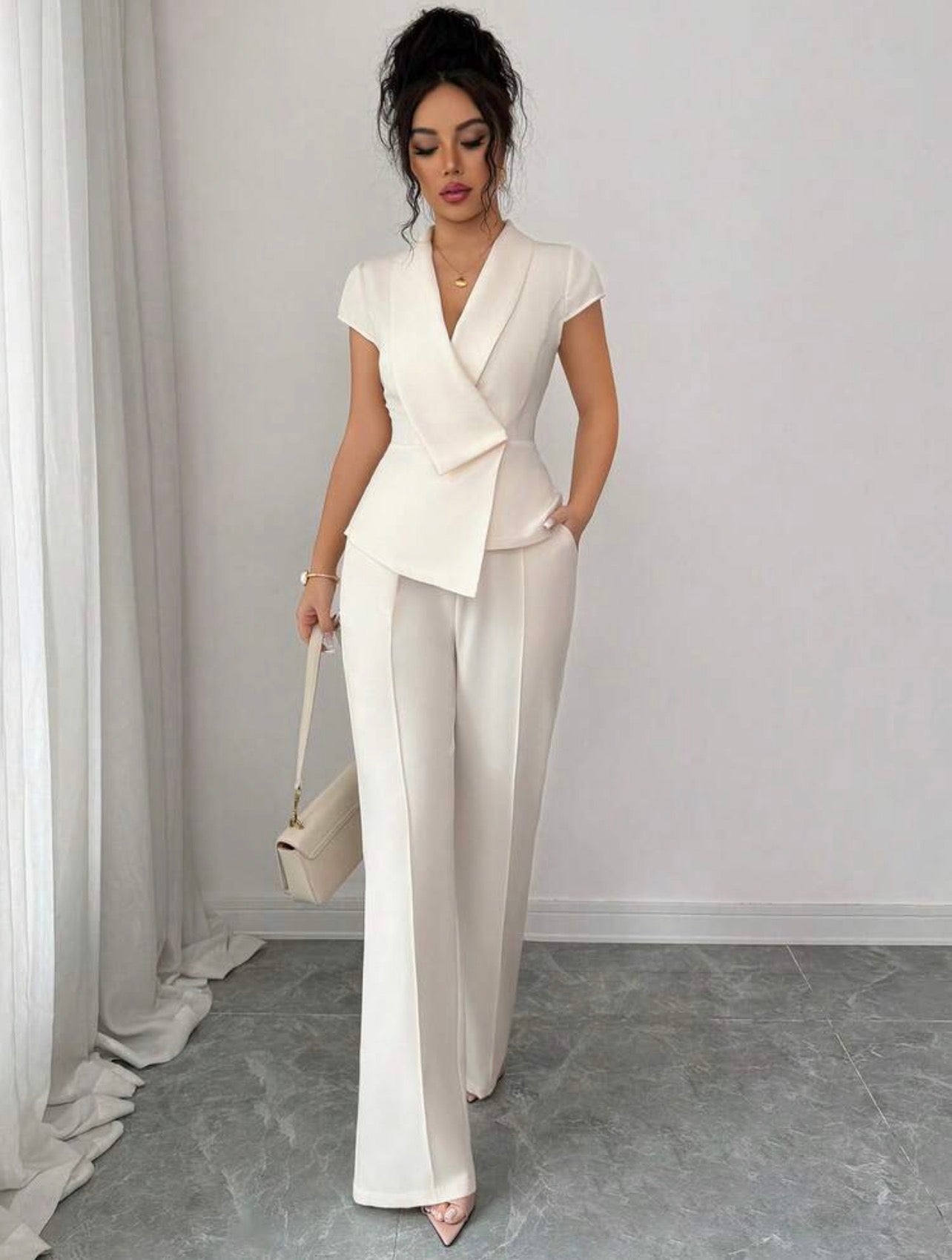 Women’s Elegant Asymmetrical Collar Puff Sleeve Blouse & Elastic Waist Pants Two-Piece Set