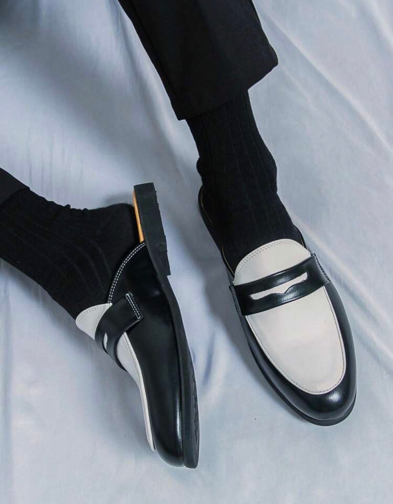 Men’s Classic Black & White Leather Slip-On Mule Sandals