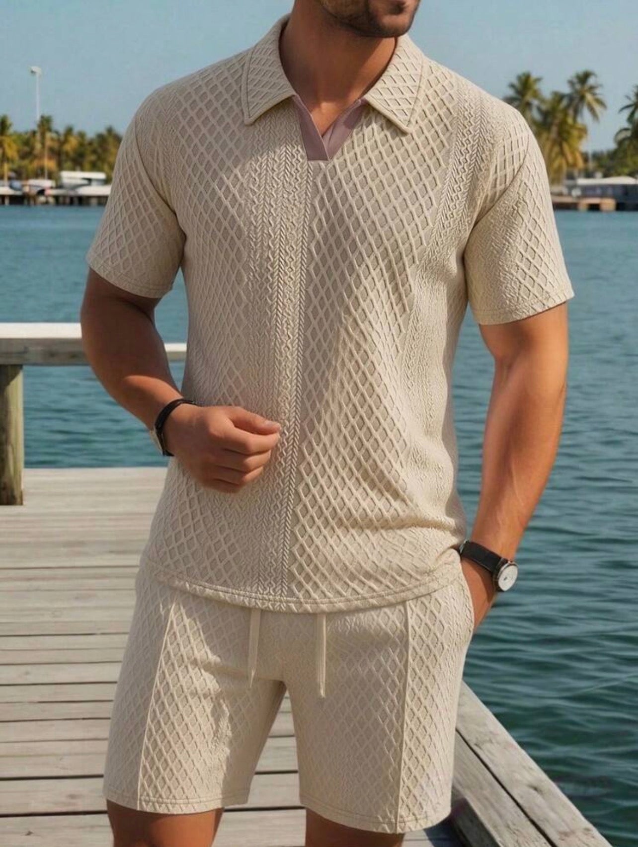 Men’s Polo Collar Short Sleeve Shirt & Shorts Two-Piece Resort Set – Casual Summer Outfit