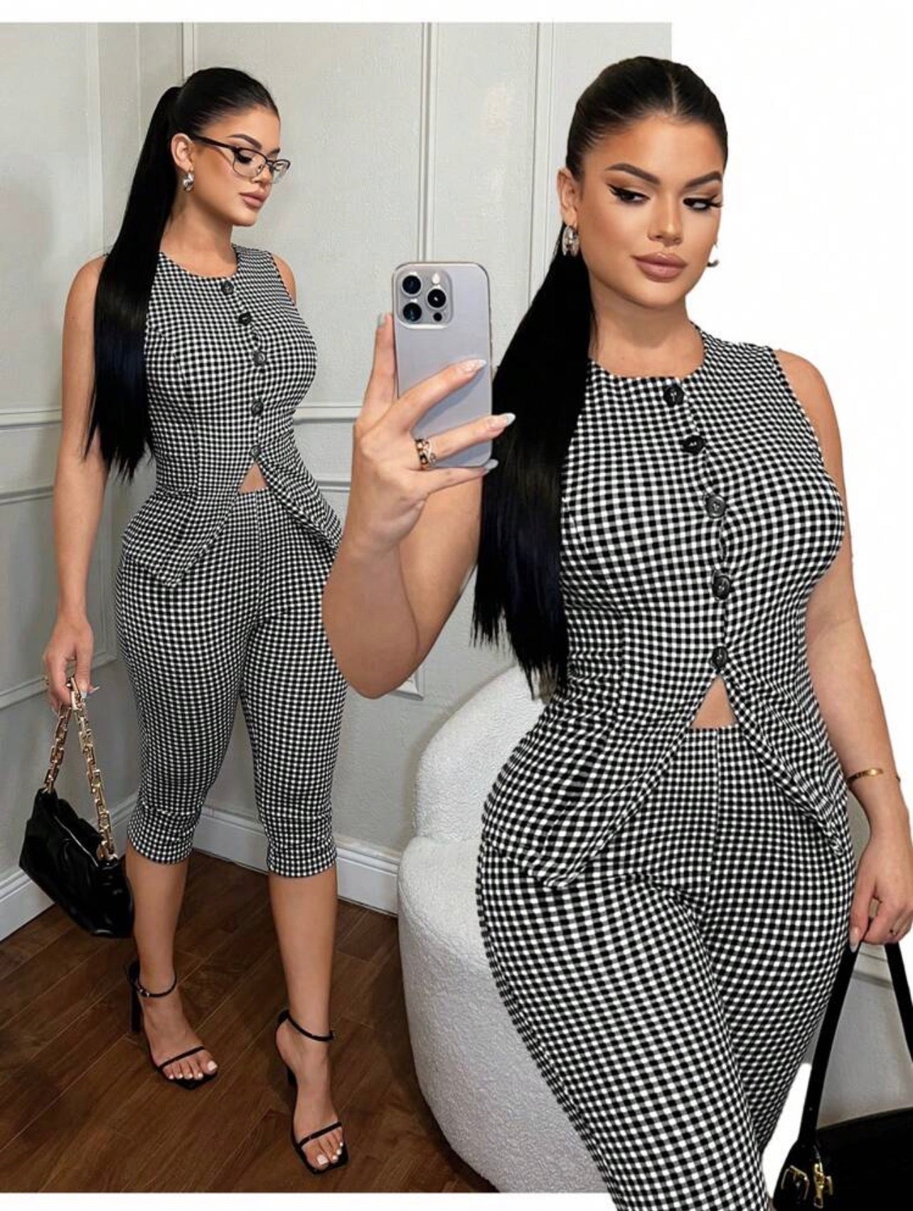 Women’s Plaid Single-Breasted Vest & 3/4 Pants Two-Piece Business Casual Set