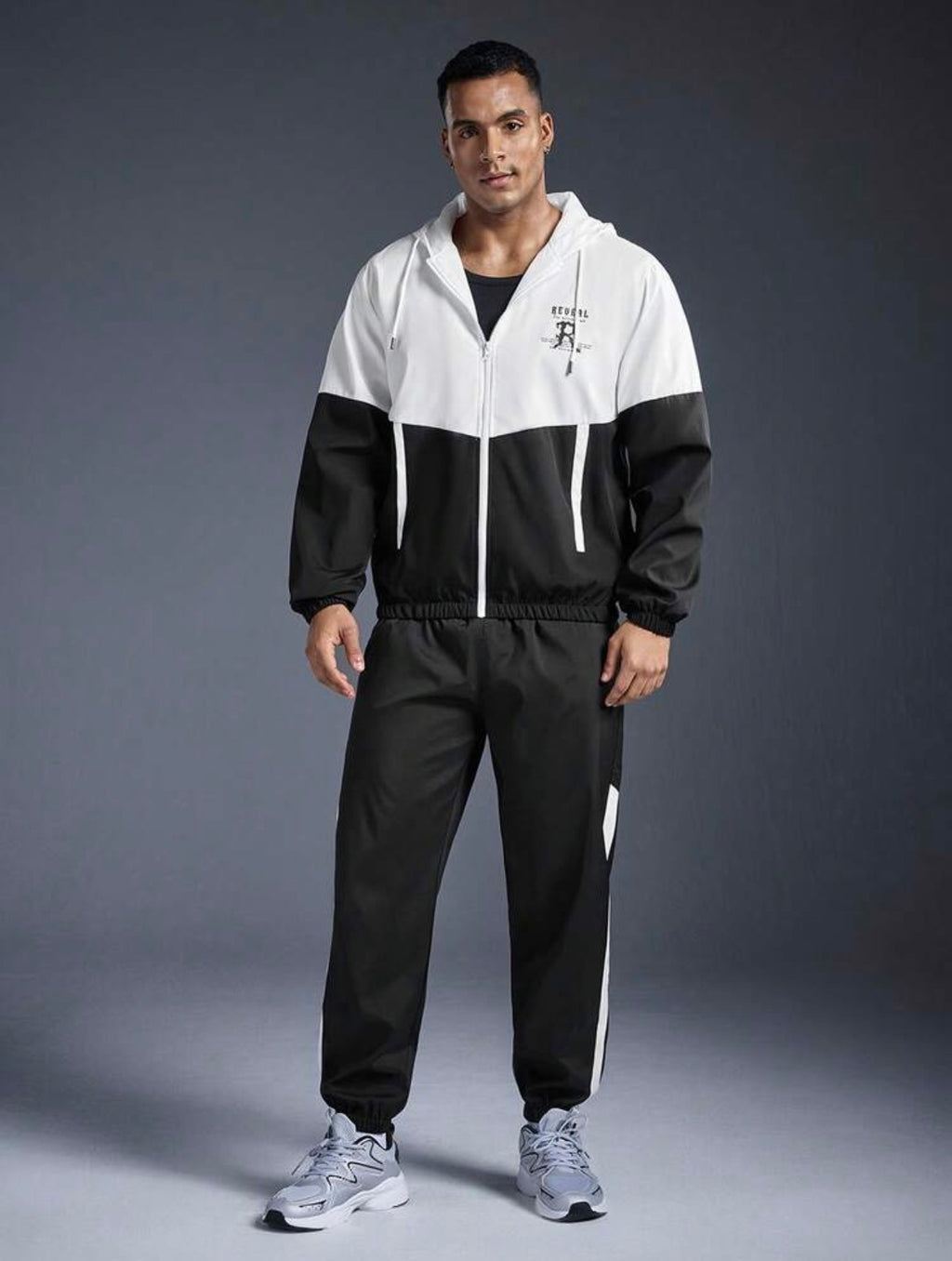 Men’s Contrast Color Splice Hooded Tracksuit Set – Two-Piece Athleisure Sportswear Outfit