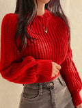 Women’s Crew Neck Long Sleeve Cropped Sweater – Casual Solid Knit Top