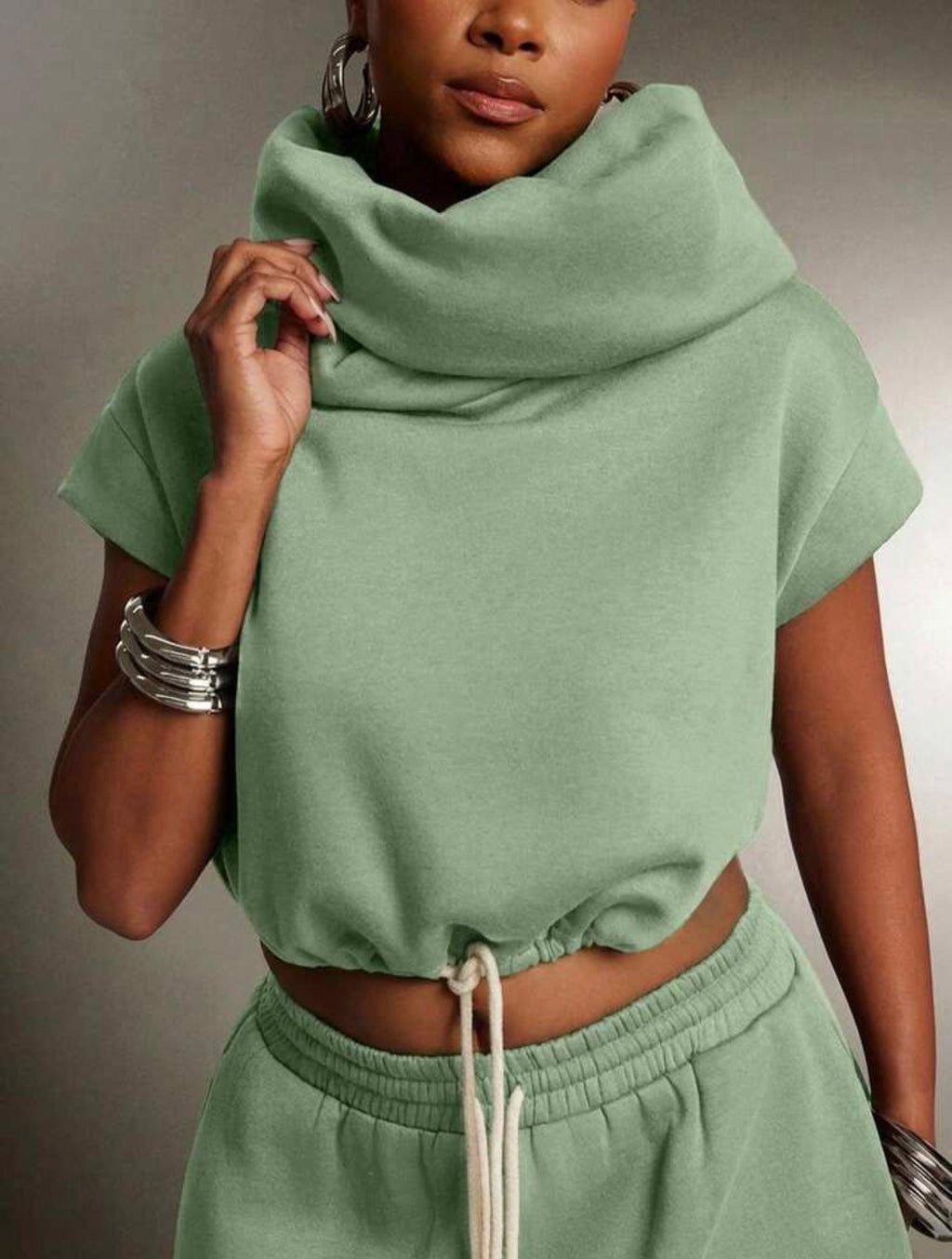 Women’s High Neck Hooded Terry Sweatshirt Top – Multi-Wear Streetwear Hoodie