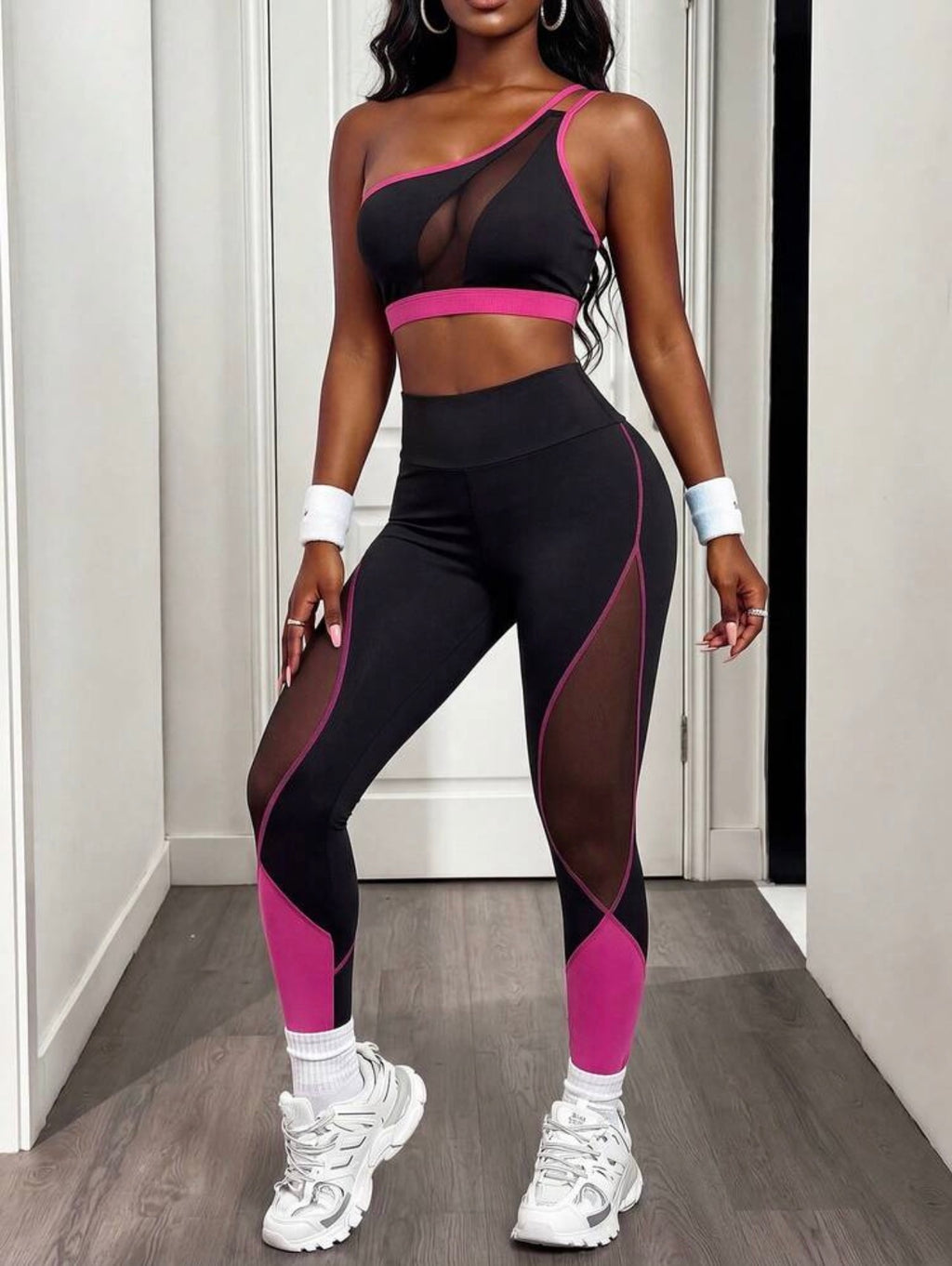 Women’s Letter Print Cropped T-Shirt, One-Shoulder Vest & Leggings Workout Set