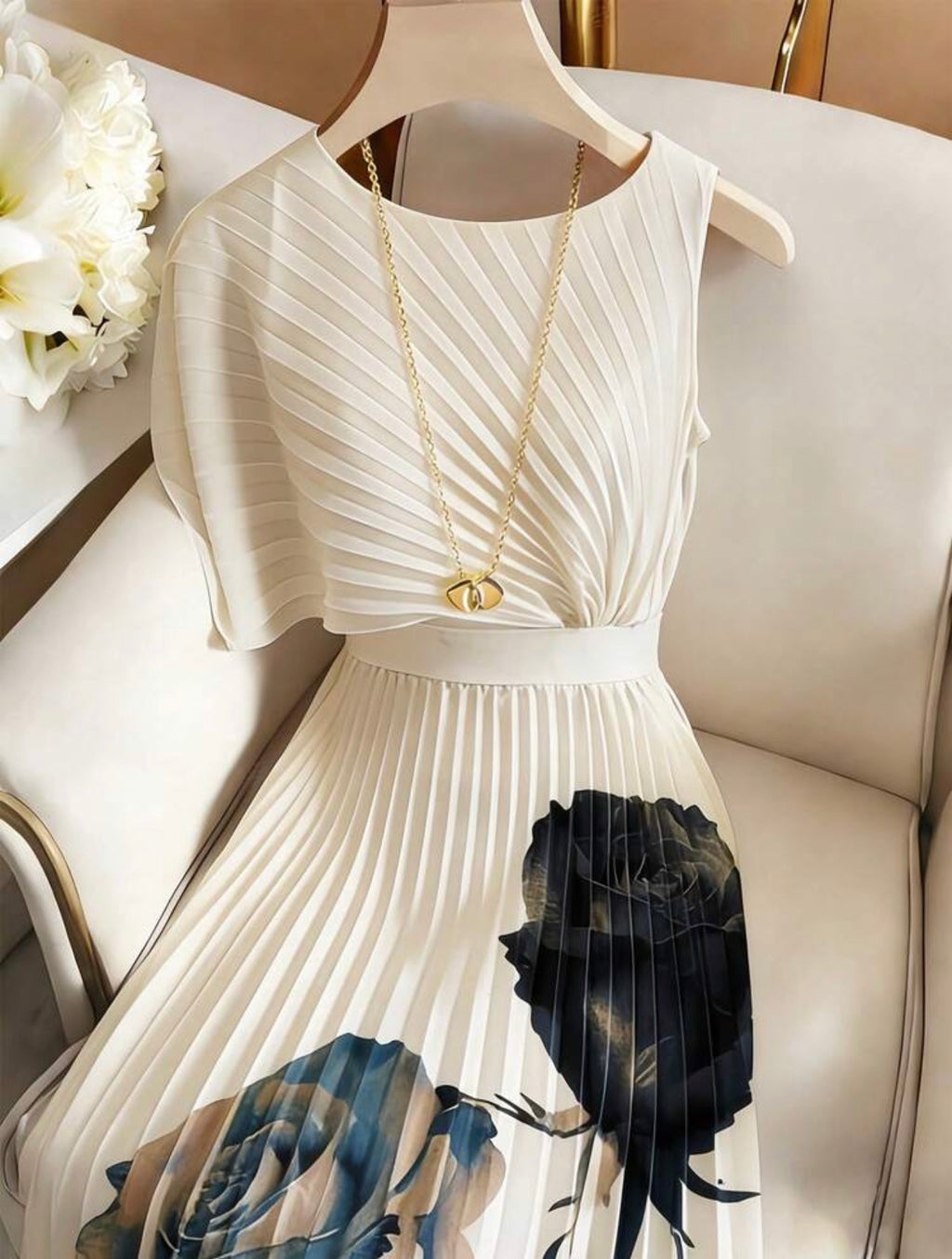 Women’s Elegant Round Neck Ruffle Waist Print A-Line Dress – Romantic Floral Style
