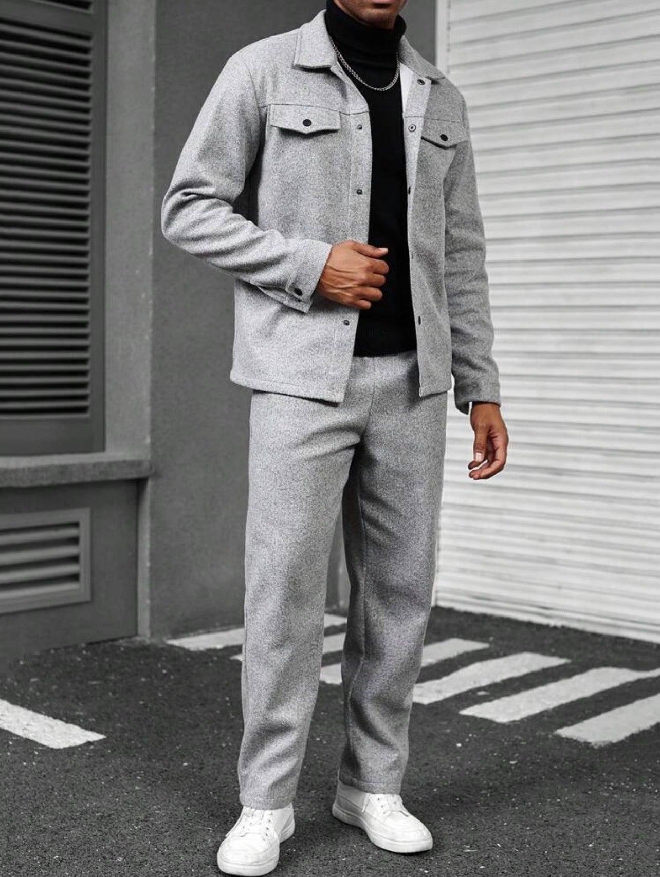 Men’s Solid Color Single-Breasted Jacket & Pants Two-Piece Set – Casual Fall Outfit