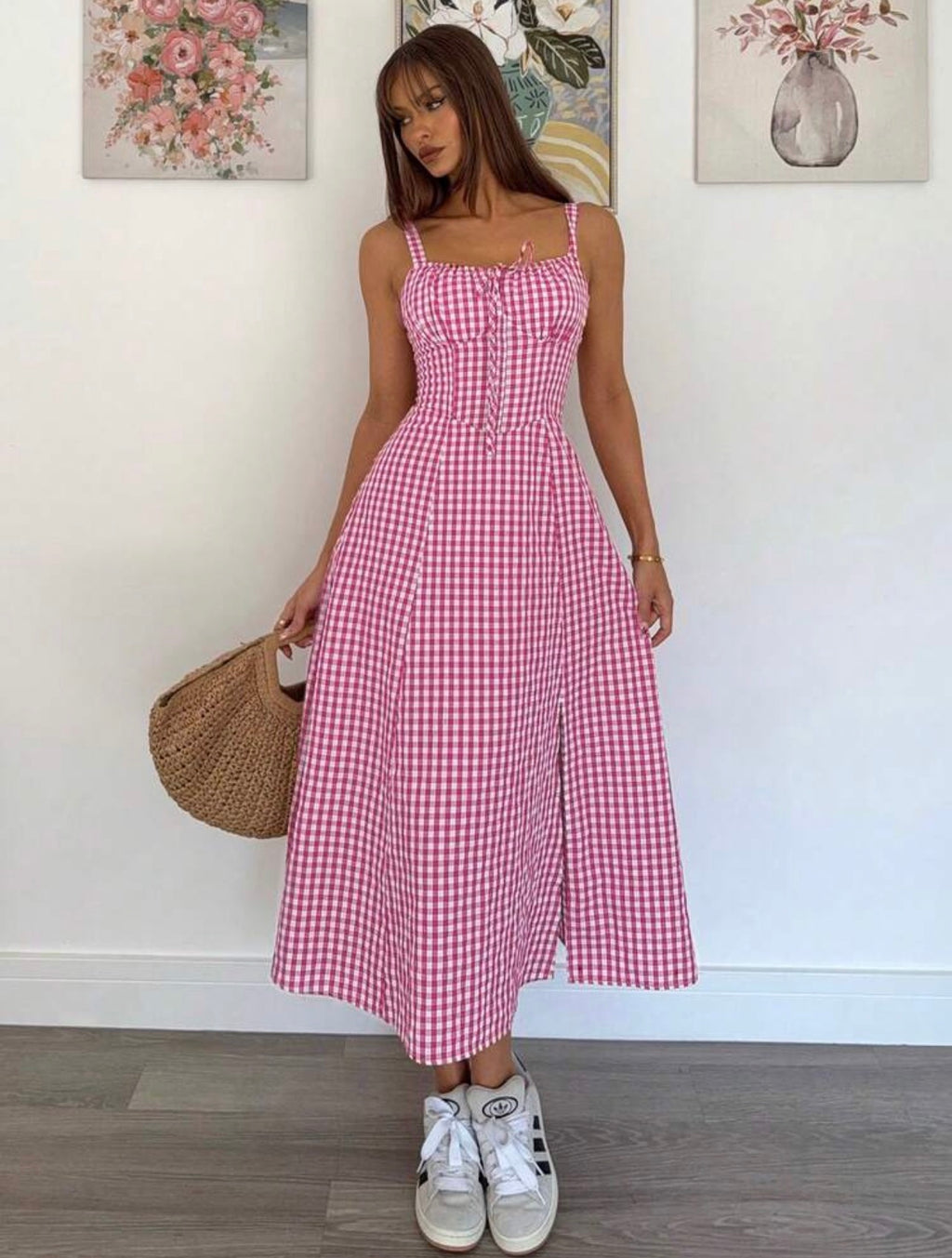 Women’s Floral Print Cinched Waist Slit Hem Cami Dress – Casual Resort Style