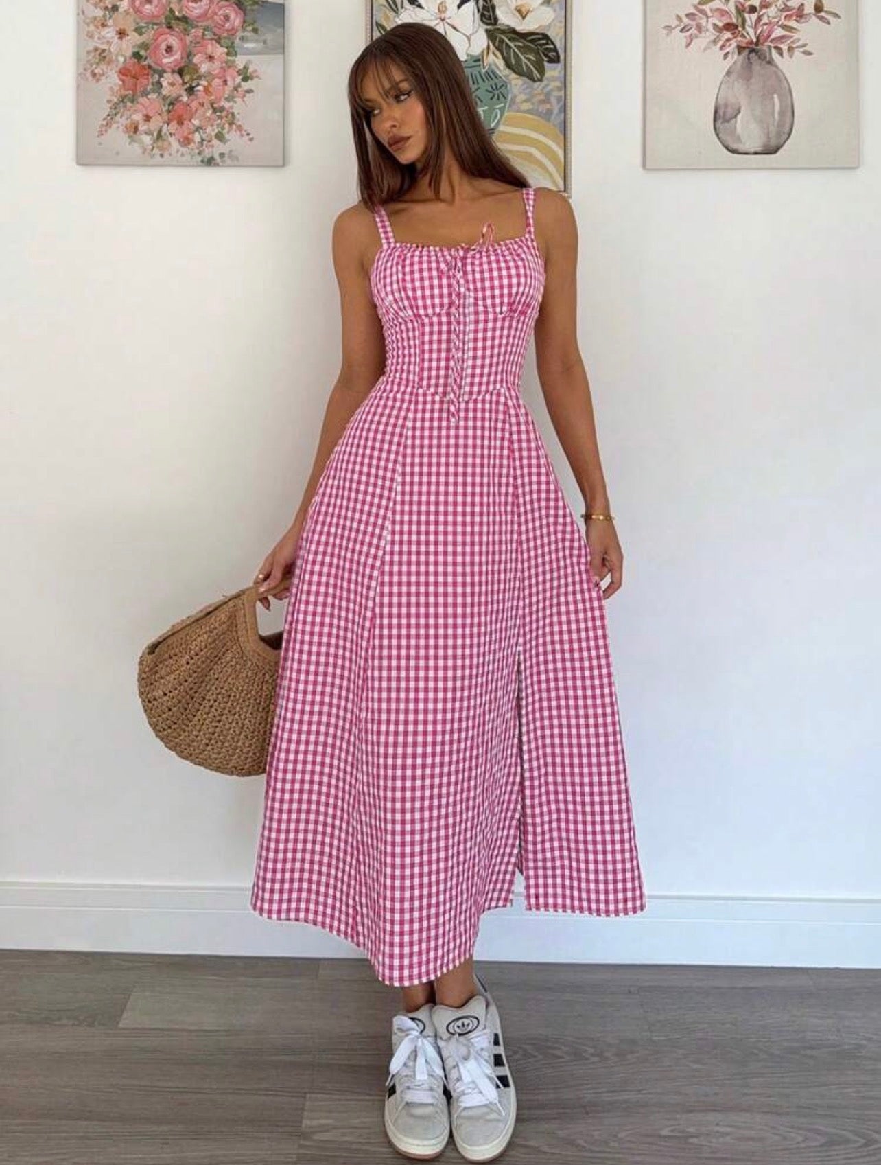Women’s Floral Print Cinched Waist Slit Hem Cami Dress – Casual Resort Style