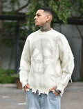 Men’s Skull Print Distressed Fringed Crew Neck Sweater – Casual Streetwear Pullover