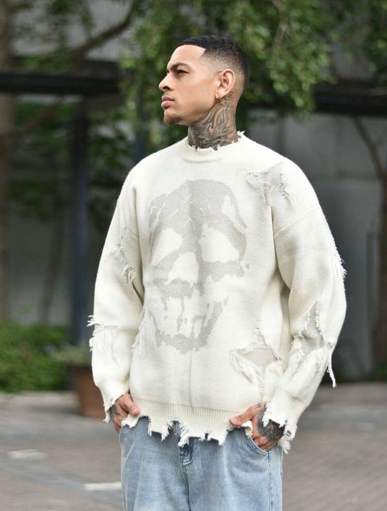 Men’s Skull Print Distressed Fringed Crew Neck Sweater – Casual Streetwear Pullover