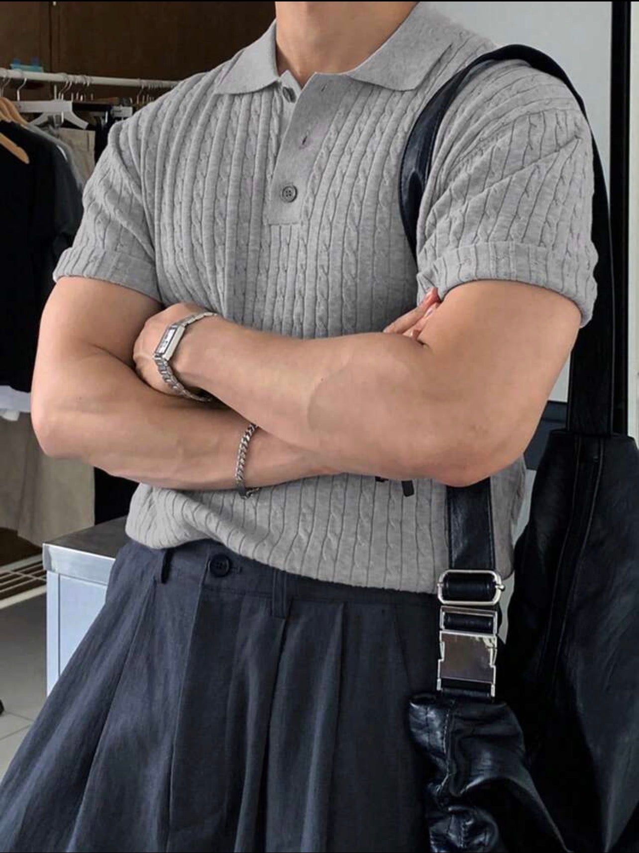 Men’s Solid Polo Neck Knit Top – Casual Short Sleeve Summer Shirt