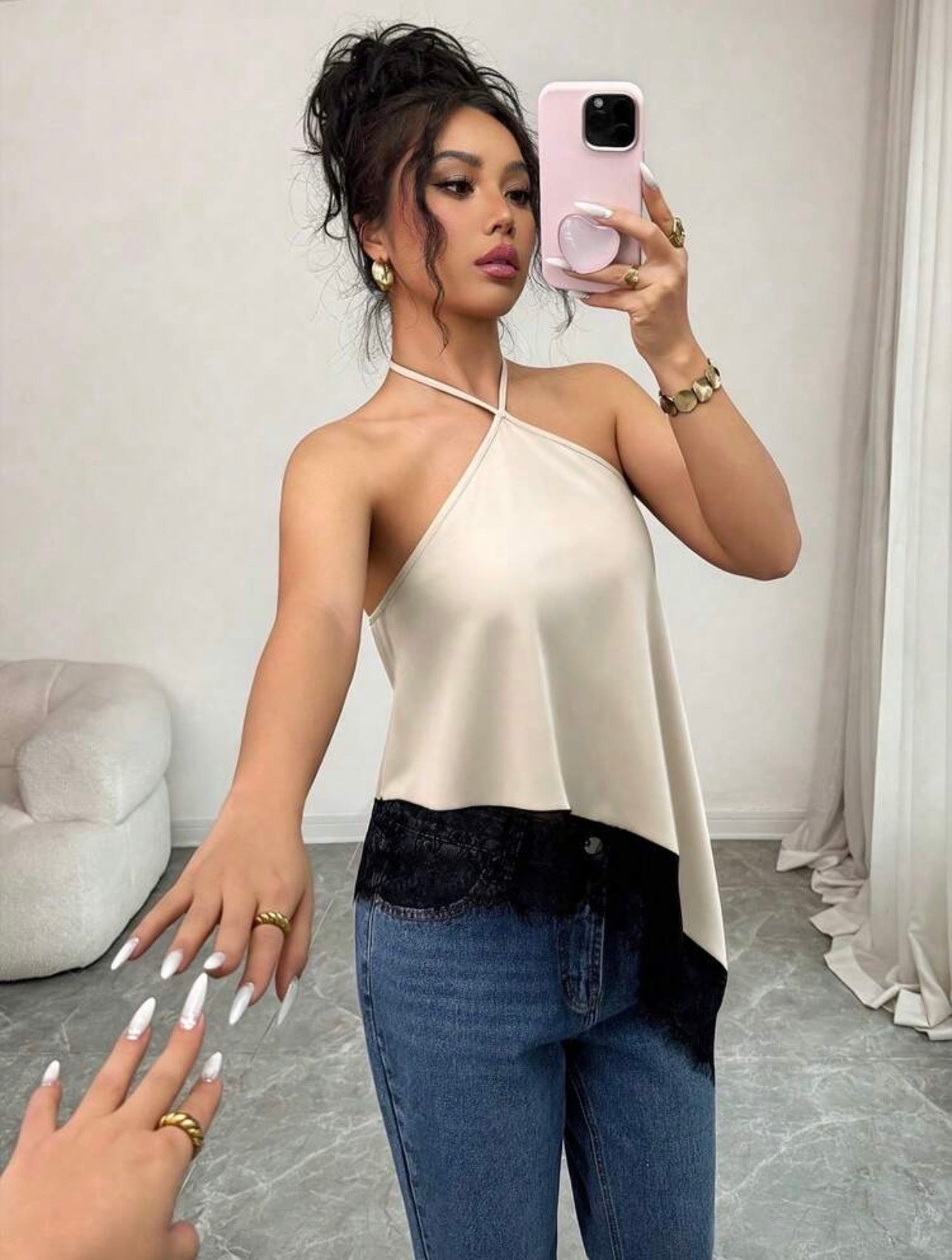 Women’s Halter Neck Lace Trim Backless Camisole Top with Asymmetric Hem