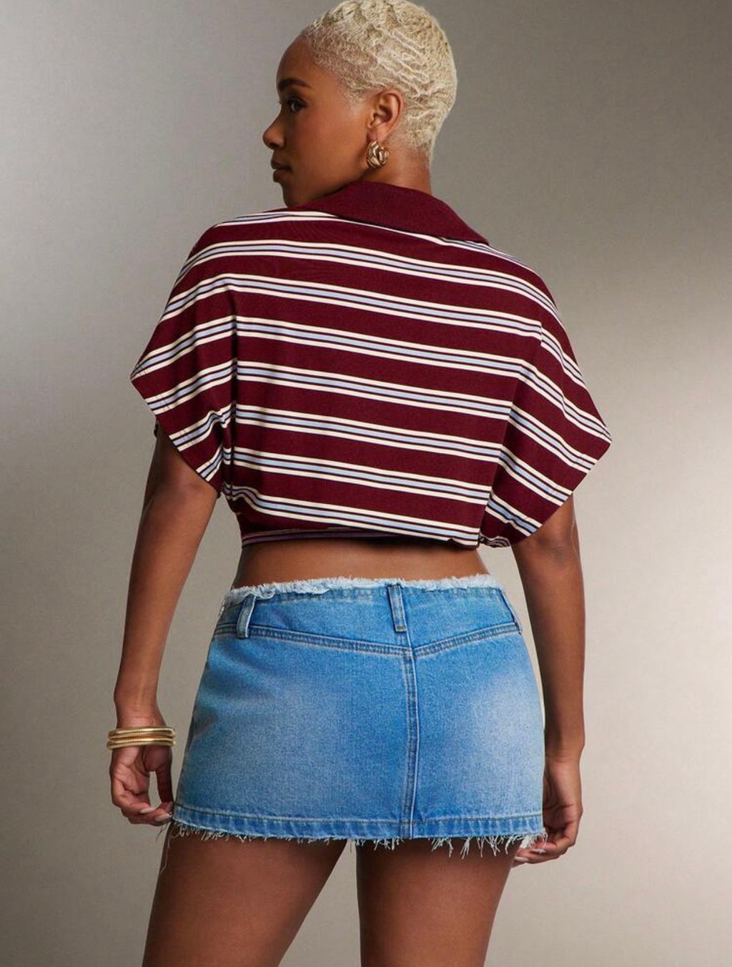 Women’s Cinched Waist Striped Polo Collar Top – Fashion Casual Shirt