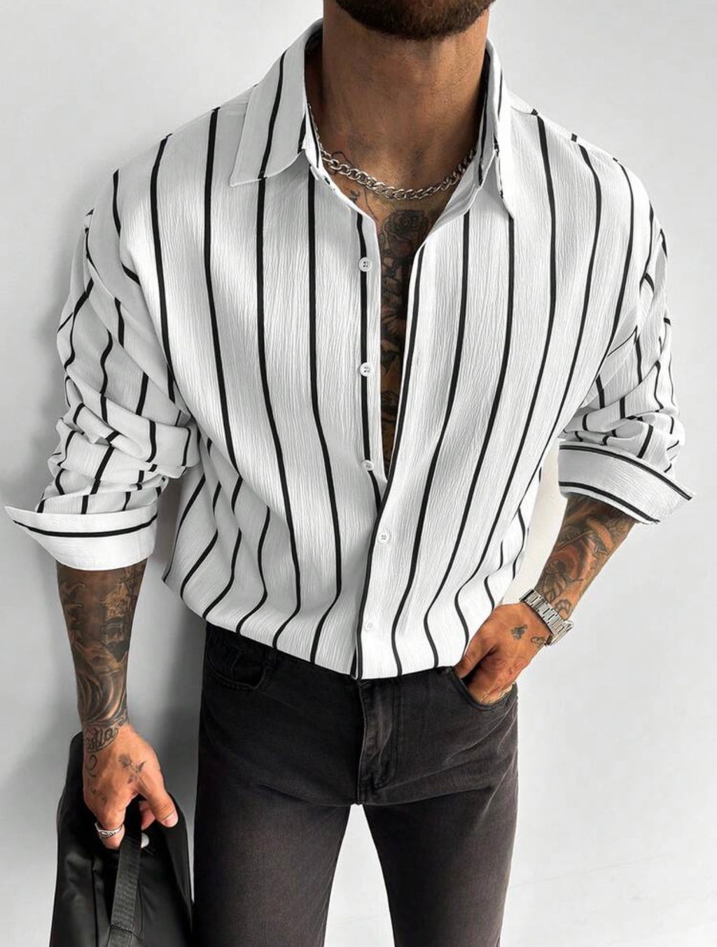 Men’s Classic Striped Linen-Feel Long Sleeve Button-Down Shirt – Casual Office Top