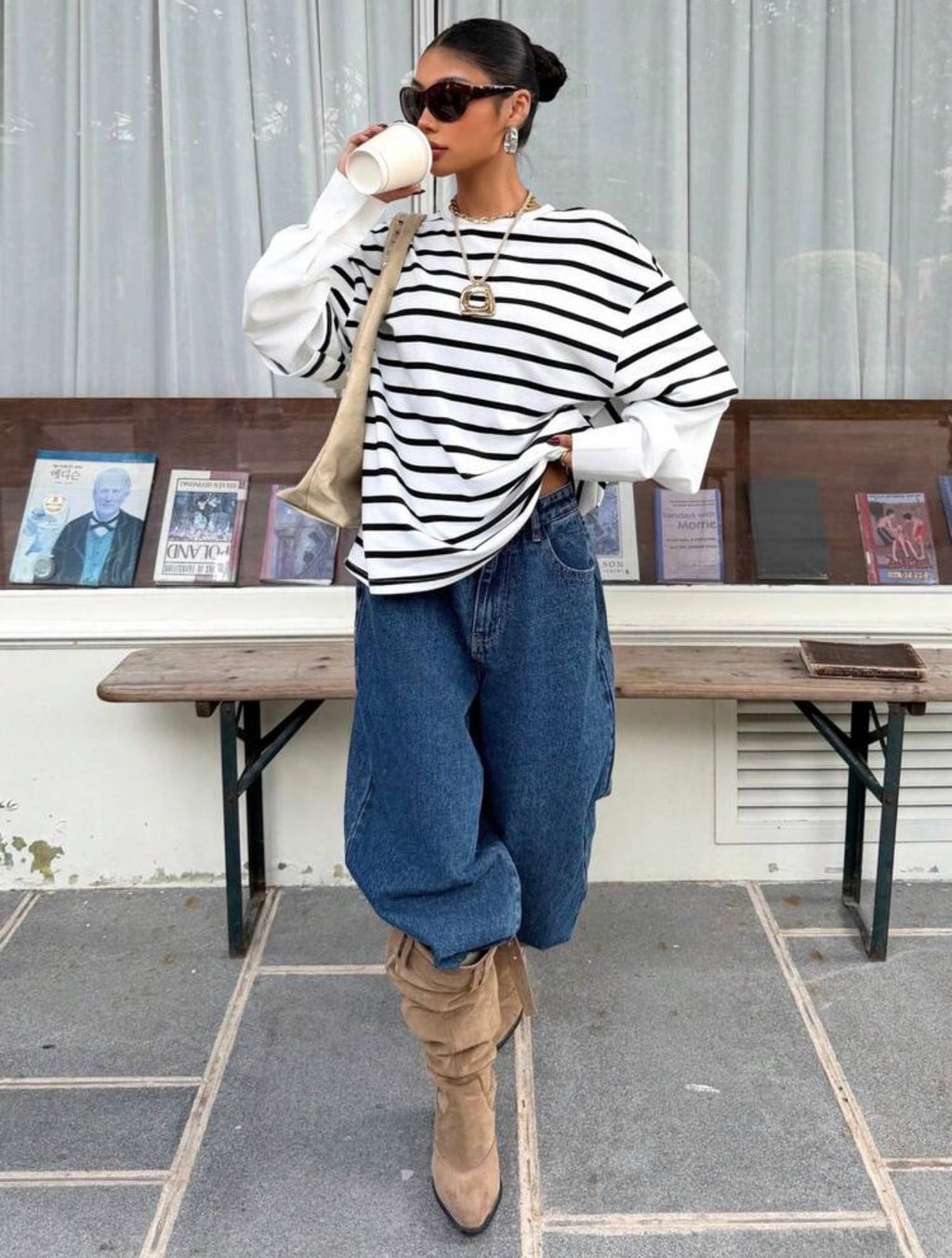 Women’s 2-in-1 Black Striped Patchwork Round Neck Loose Long Sleeve T-Shirt – Casual Top