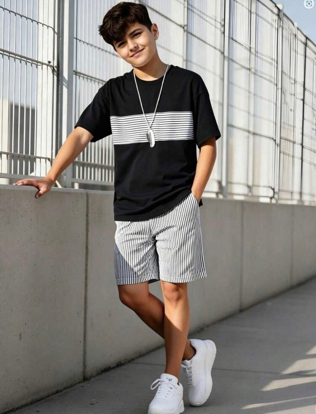 Boys Navy Blue Striped T-Shirt & Loose Shorts Casual Summer Sports Set