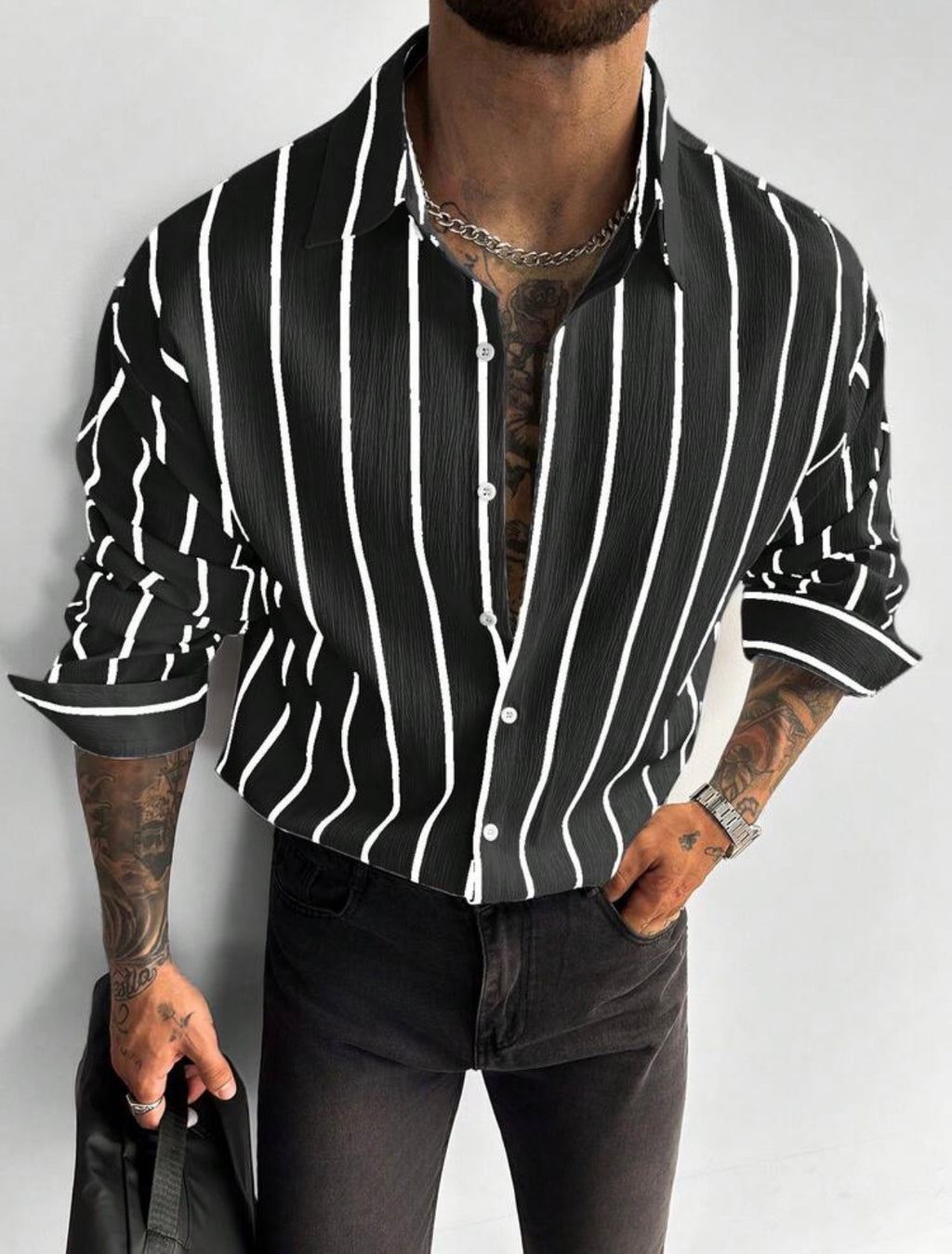 Men’s Classic Striped Linen-Feel Long Sleeve Button-Down Shirt – Casual Office Top