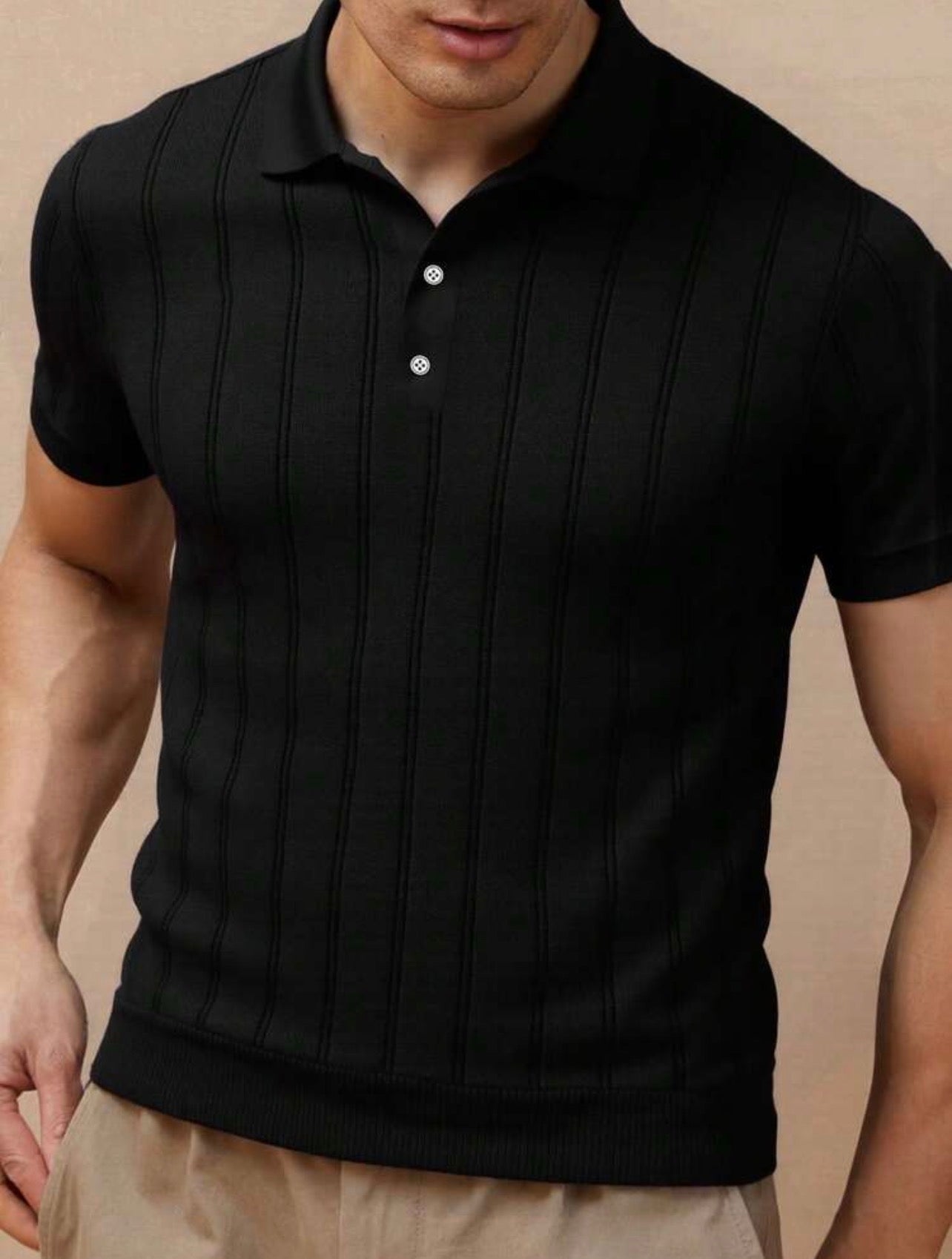Men’s Ribbed Knit Polo Neck Short Sleeve Top – Casual Daily Wear Shirt