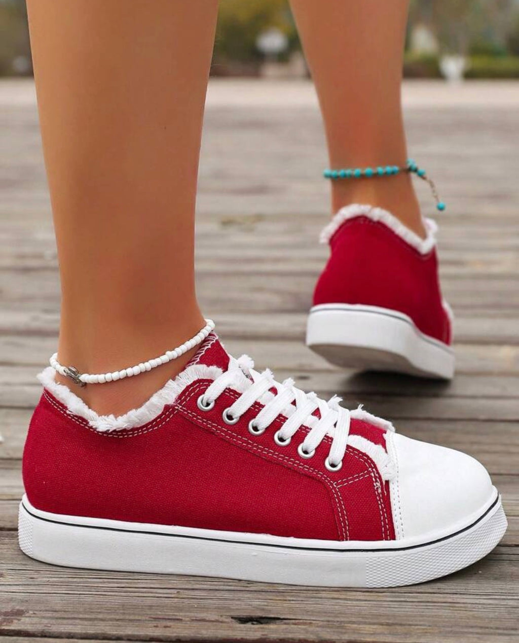 Women’s Round Toe Lace-Up Canvas Sneakers with Frayed Detail for Everyday Casual Wear
