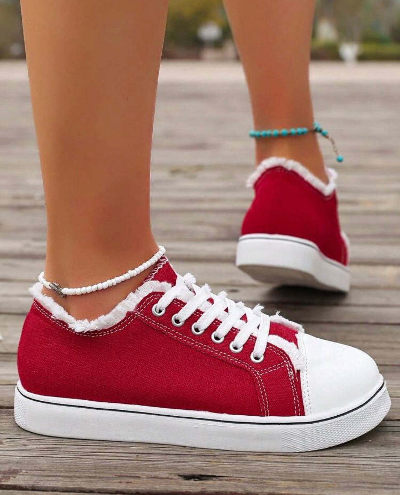 Women’s Round Toe Lace-Up Canvas Sneakers with Frayed Detail for Everyday Casual Wear