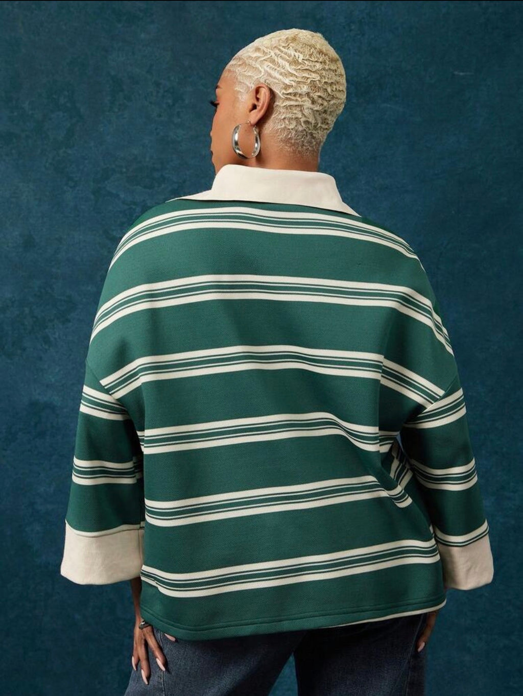 Women’s Striped Half Zip Quarter Sleeve Collared Oversized Top – Casual Everyday Wear