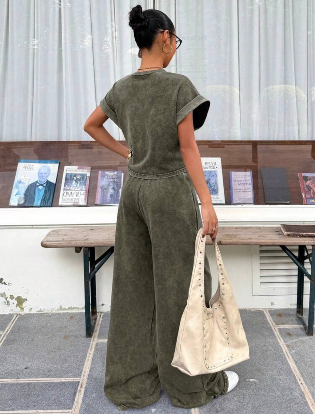 Women’s Vintage Washed Embroidered Loose T-Shirt & Wide Leg Pants Two-Piece Set
