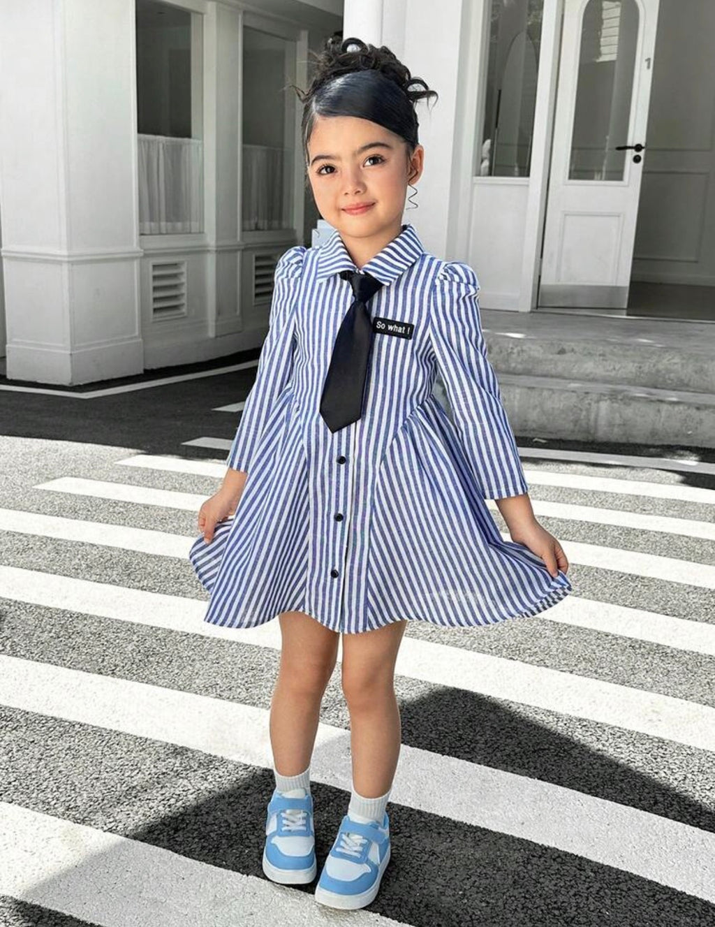 Girls & Mom Matching Striped Collar Belted Long Sleeve Dress for Casual Wear