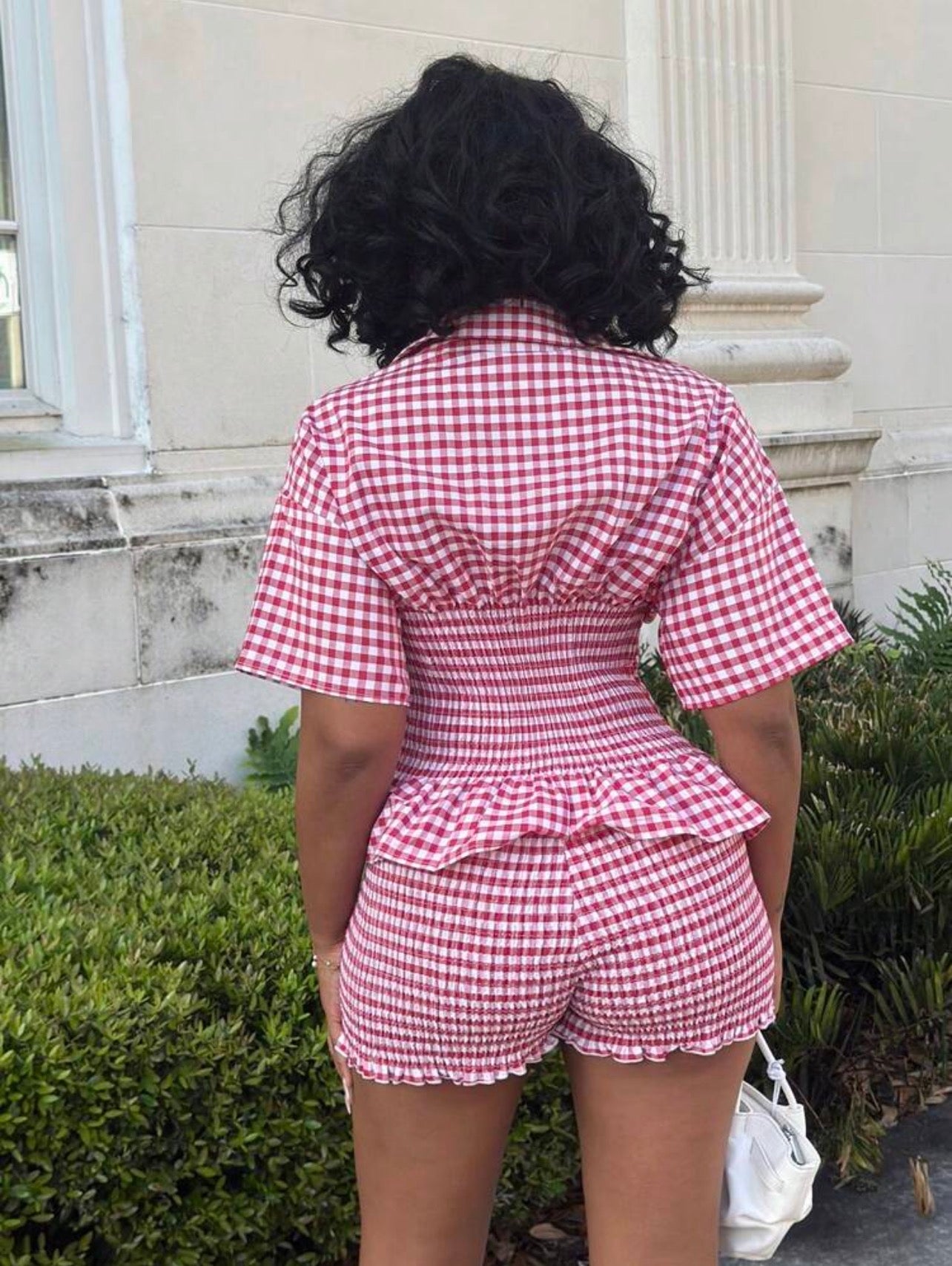 Chic Casual 2-Piece Gingham Shirt Collar Blouse & Elastic Waist Shorts Set for Wom