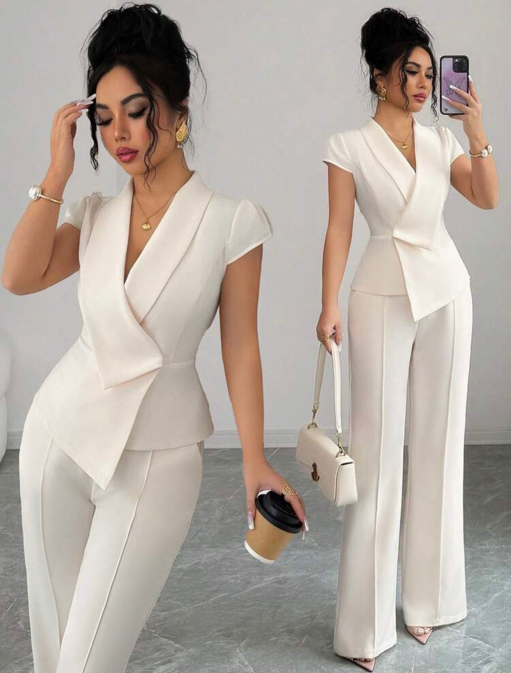 Women’s Elegant Asymmetrical Collar Puff Sleeve Blouse & Elastic Waist Pants Two-Piece Set