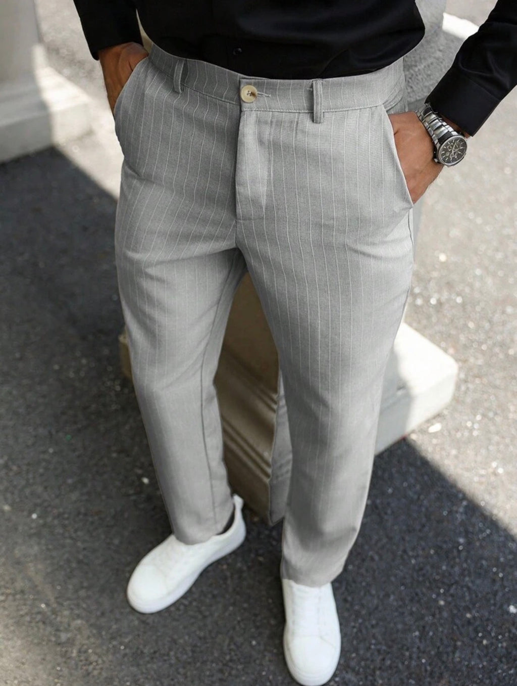 Men’s Striped Tapered Loose Fit Suit Pants with Pockets – Casual Formal Trousers