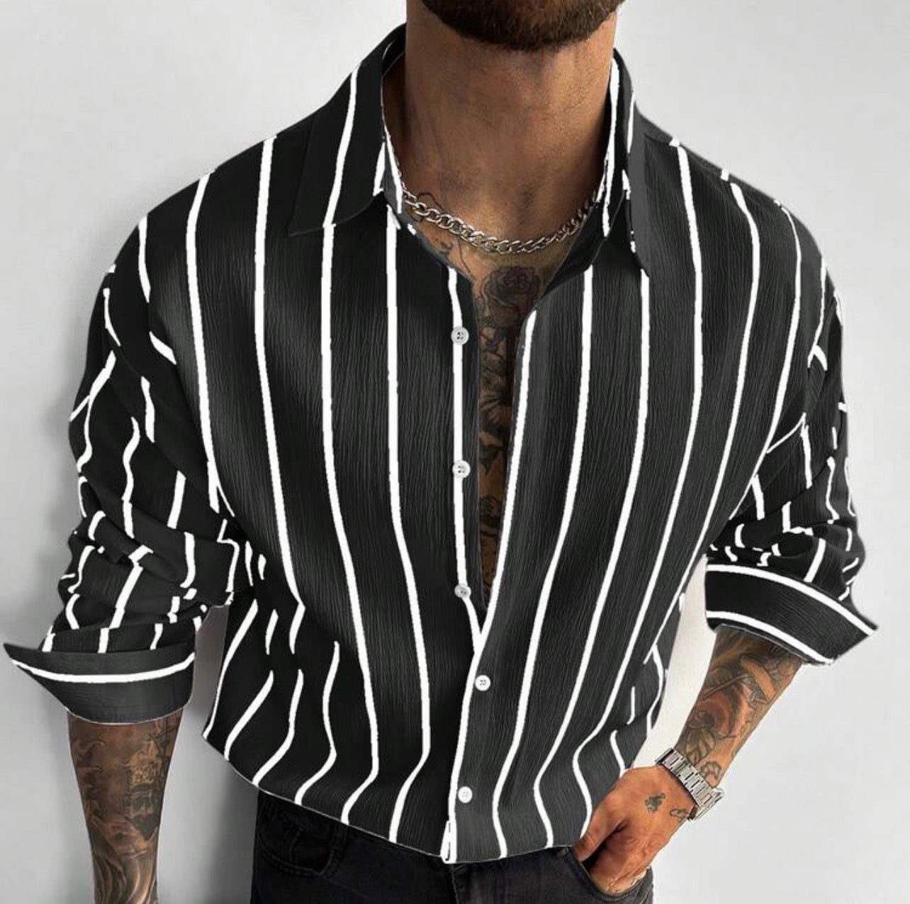 Men’s Classic Striped Linen-Feel Long Sleeve Button-Down Shirt – Casual Office Top