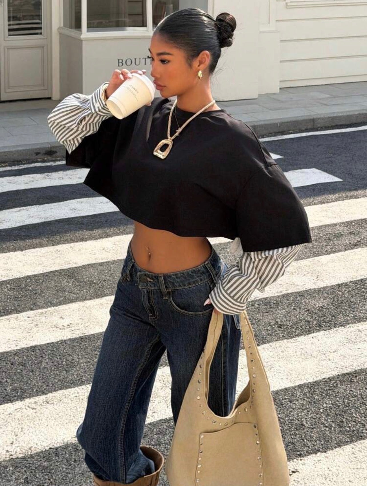 Women’s 2-in-1 Round Neck Loose Long Sleeve Cropped T-Shirt – Casual Fall Top