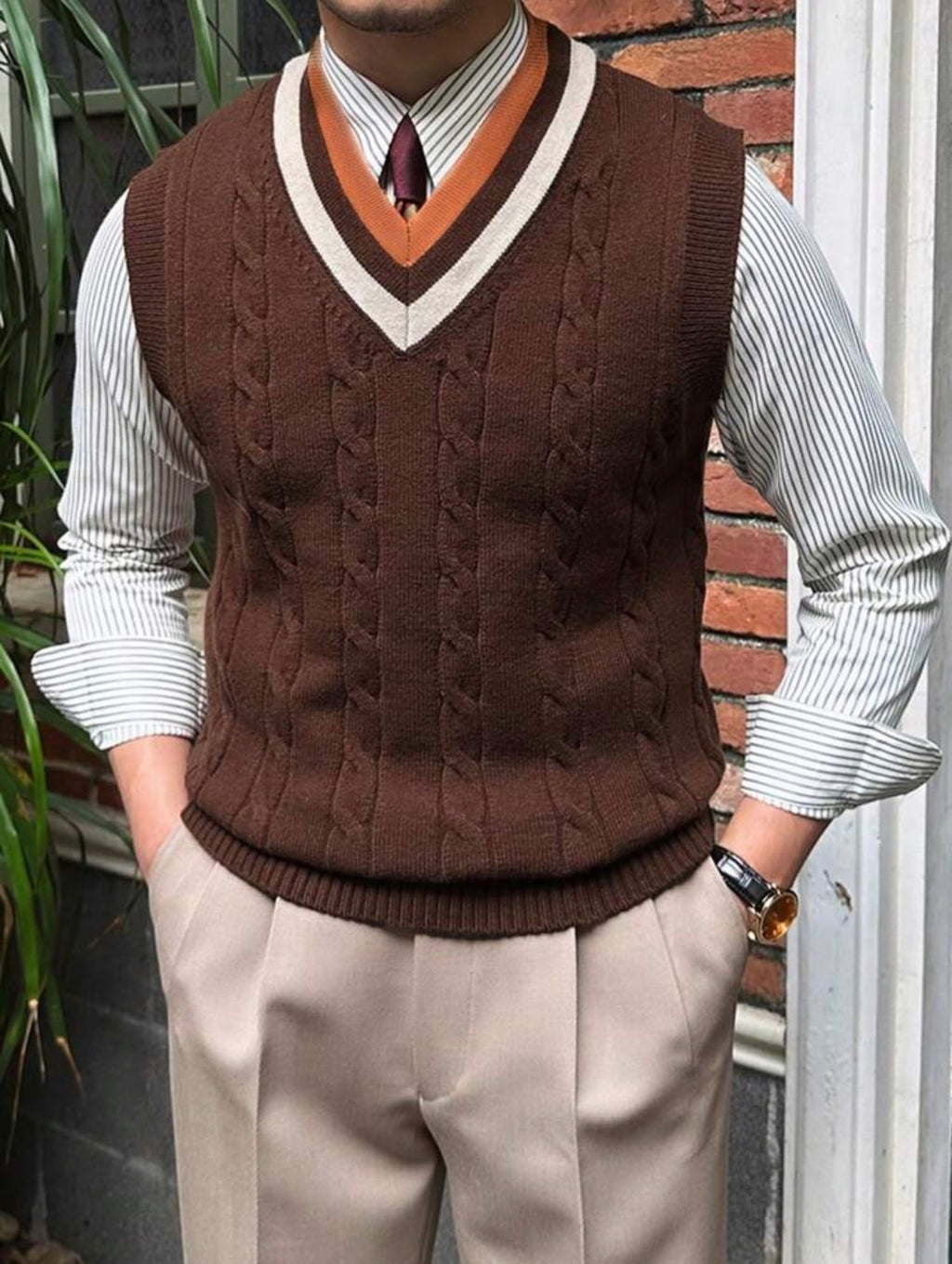 Men’s Collegiate Patchwork Cable Knit V-Neck Sweater Vest – Casual Layering Top