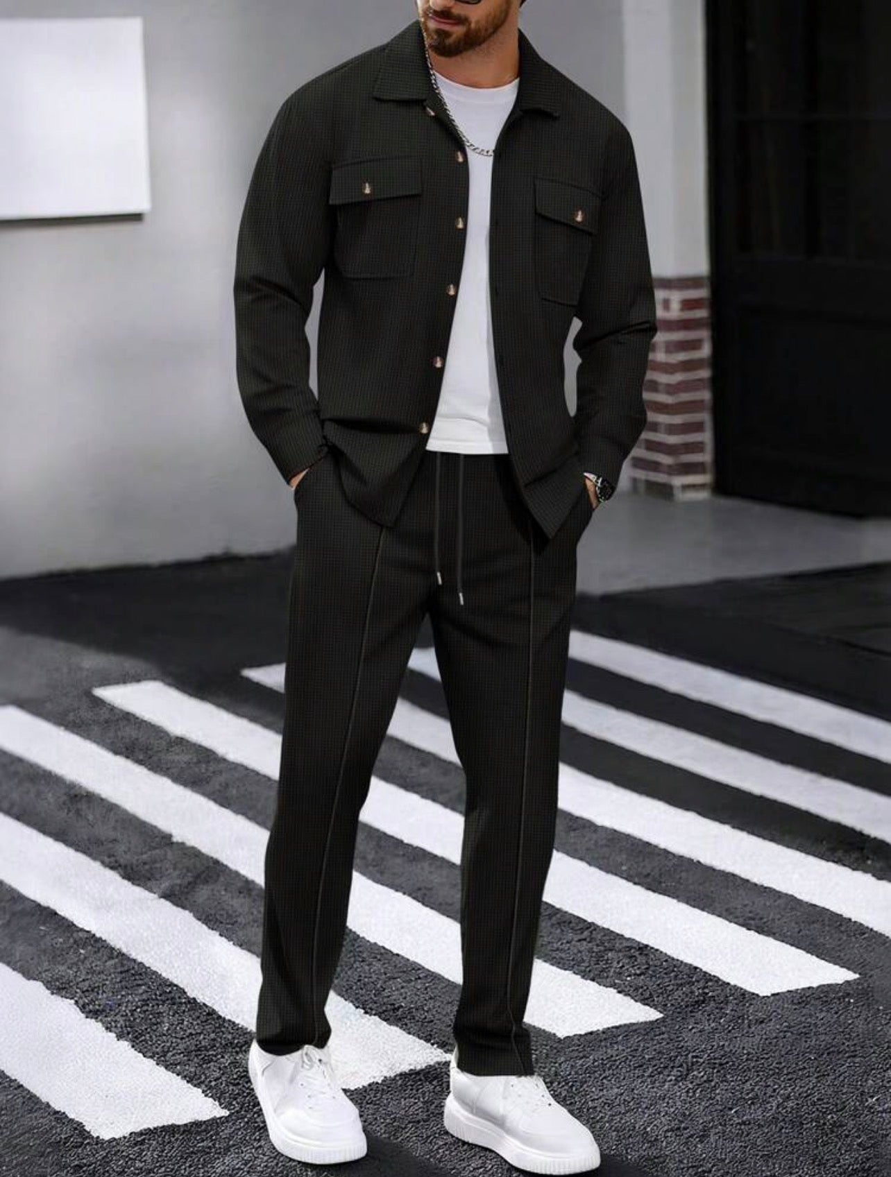 Men’s Solid Color Collared Shirt with Pockets & Pants Two-Piece Casual Set – Leisure Outfit