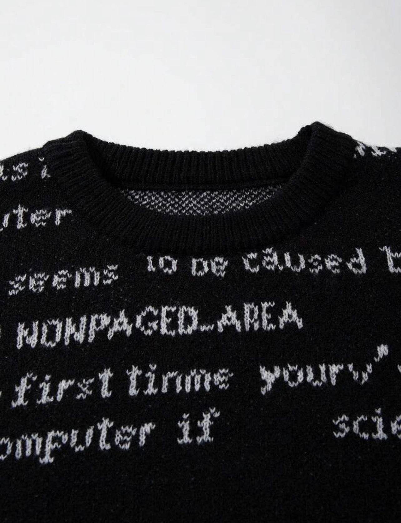 Unisex Retro Abstract Letter Print Jacquard Knit Crew Neck Sweater – Casual Pullover