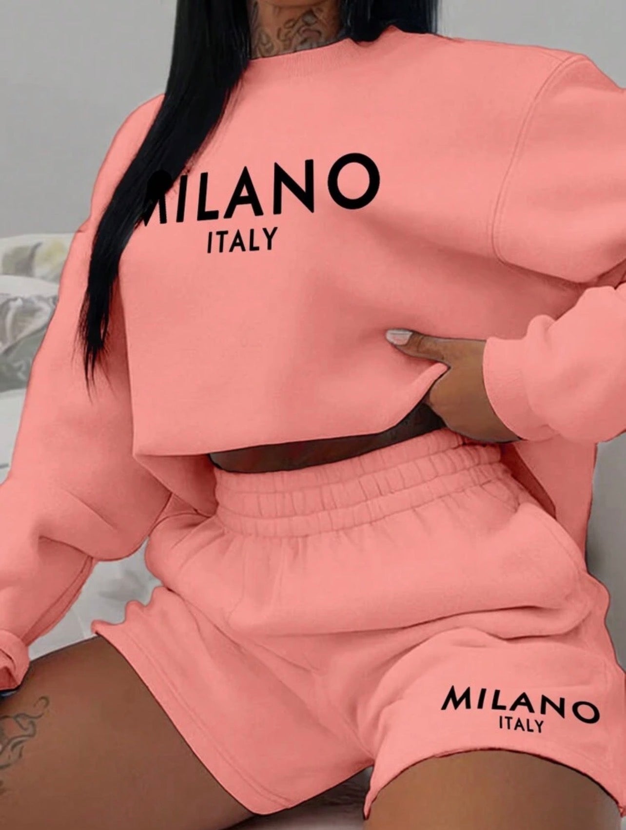 Women’s Letter Print Crew Neck Long Sleeve Top & Shorts Two-Piece Set