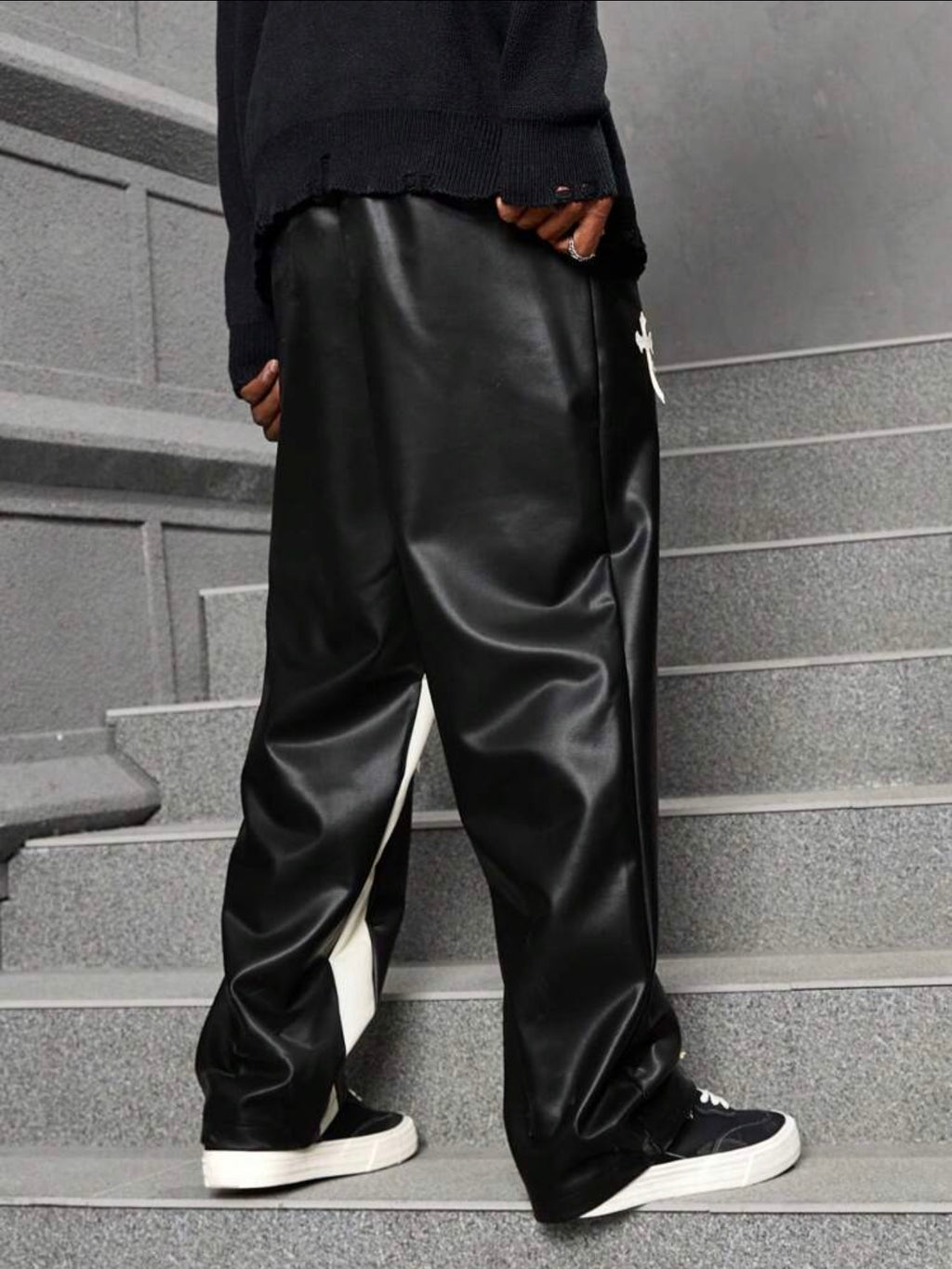 Men’s Cross Print Color Block PU Leather Baggy Pants – Casual Streetwear Trousers
