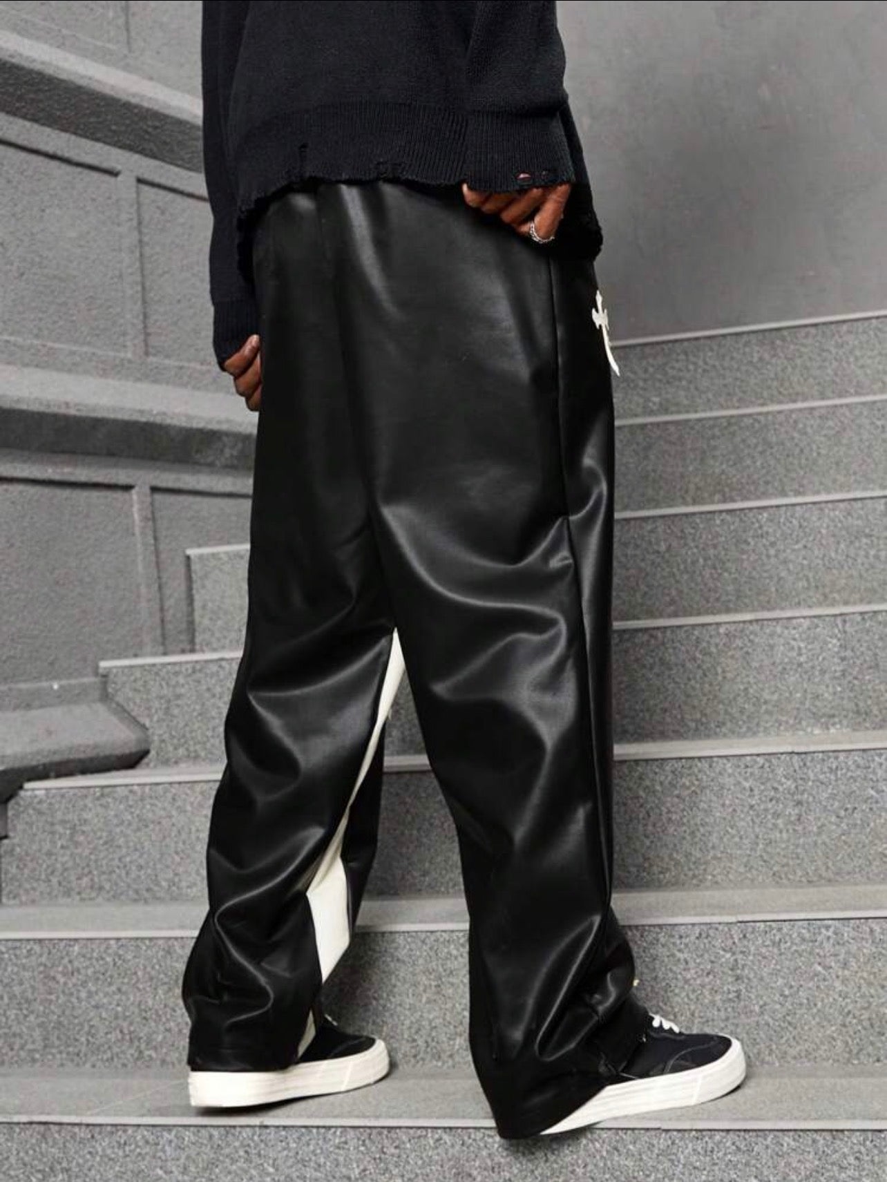 Men’s Cross Print Color Block PU Leather Baggy Pants – Casual Streetwear Trousers